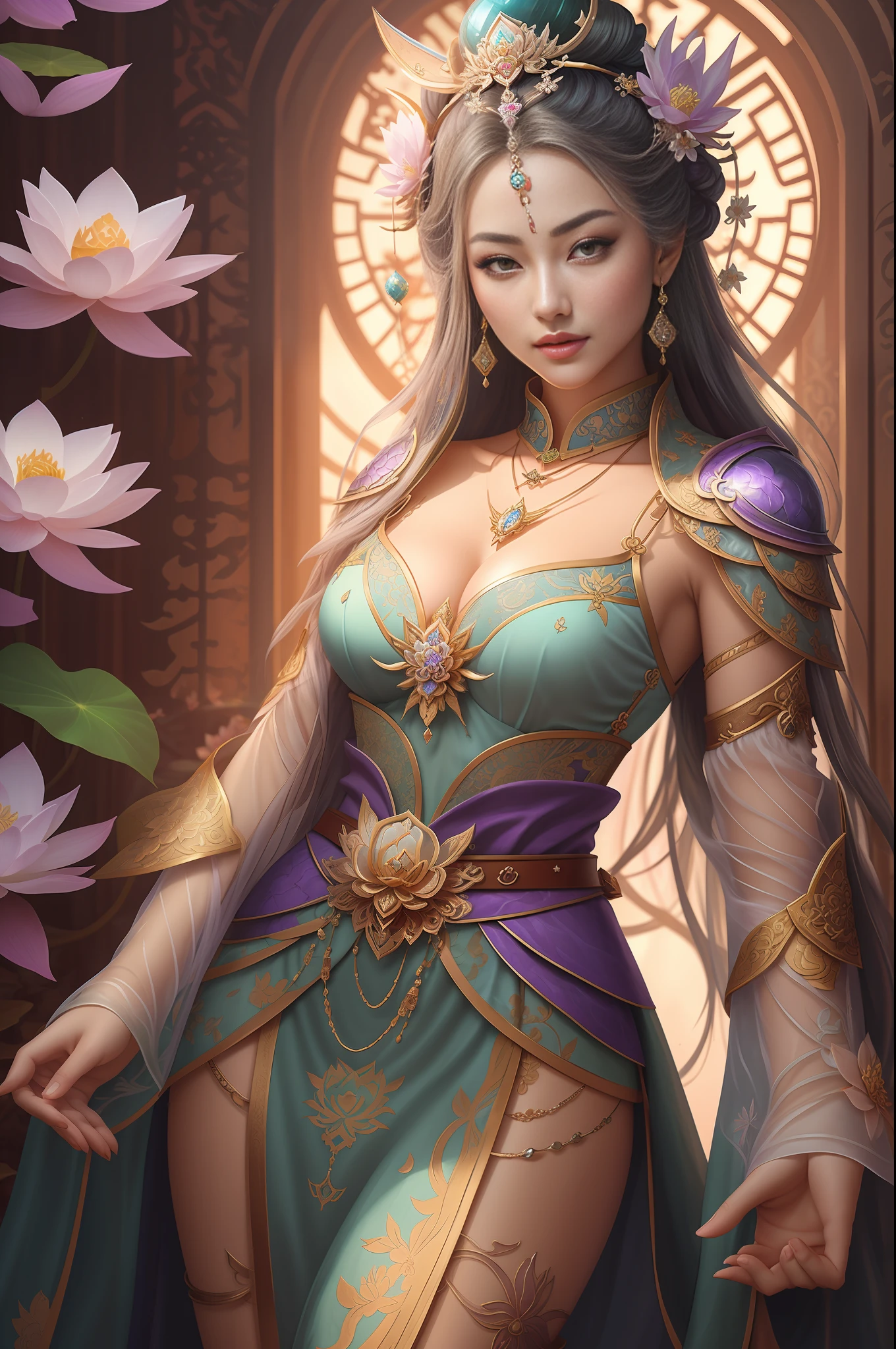 a close up of a woman in a sexy transparent white gold low-cut lace armor cleavage big breasts with a lotus flower in her hand, head jewelry, violet necklace, jade belt , toned abs, a beautiful fantasy empress, ((a beautiful fantasy empress)), beautiful celestial mage, beautiful character painting, full body xianxia, portrait knights of zodiac girl, by Yang J, g liulian art style, fantasy art style, foreshortening
