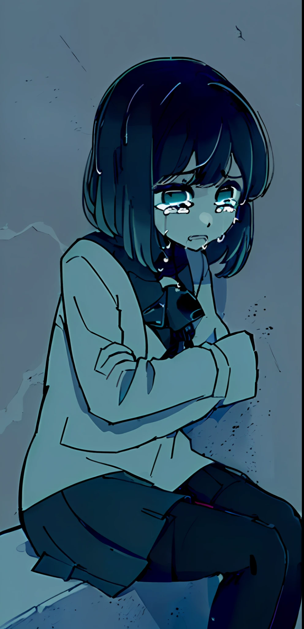 1girl, solo, thoughtful, thinking, heaviness, hard choice, abstraction, emotions, torment, guilt, closer view, looking at viewer, blood, knife,pupils, ((blue and black colors)), ((blue and black palette)), (((noir))), (((noir style)), sitting, crying in corner, sad face, corner of wall background, crying