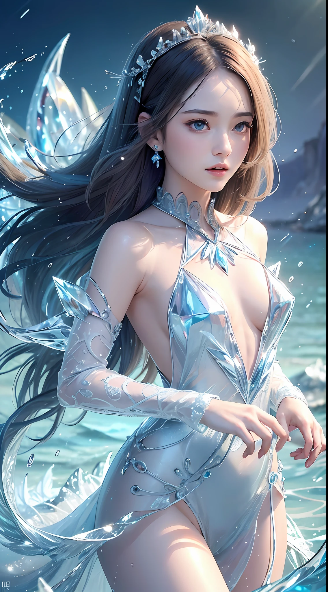 (Masterpiece, Top Quality, Best, Official Art, Beautiful and Aesthetic, Long Exposure: 1.2), Smooth Movement, Charming Patterns, 1 Girl, (Long Dress with Sleeves: 1.3), ((Small Breasts)) , blue clothes, upper body close-up, bare shoulders, Chinese girl, blush, black lob hair, portrait, solo, upper body, watching the observer, detailed background, detailed face, (crystallineAI, crystalline theme:1.1), elemental water sprite , rotating water, controlling water, diamond clothes, dynamic pose, floating particles, ethereal dynamics, water, vapor, ocean in background, blue tint, coast, ethereal atmosphere,