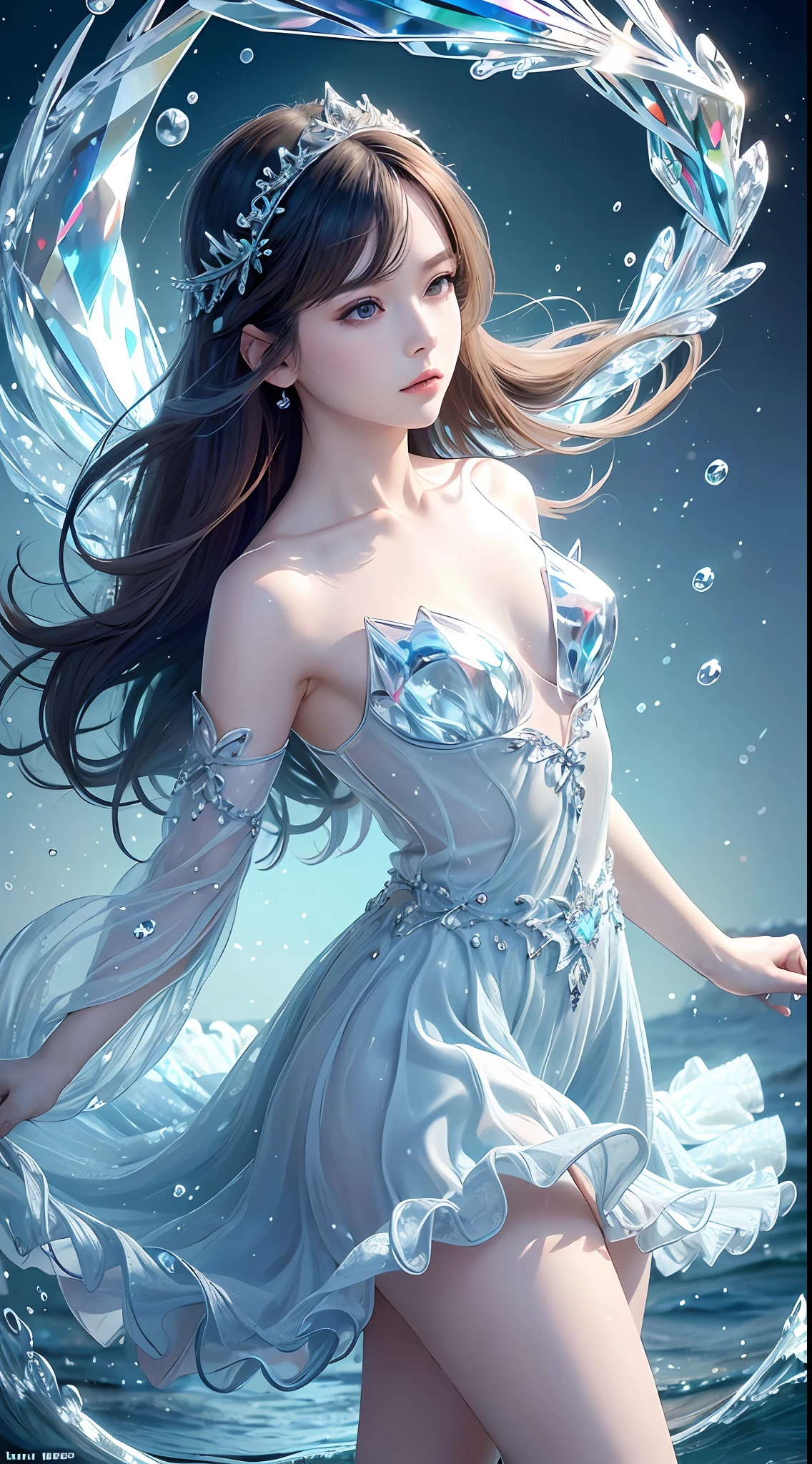 (Masterpiece, Top Quality, Best, Official Art, Beautiful and Aesthetic, Long Exposure: 1.2), Smooth Movement, Charming Patterns, 1 Girl, (Long Dress with Sleeves: 1.3), ((Small Breasts)) , blue clothes, upper body close-up, bare shoulders, Chinese girl, blush, black lob hair, portrait, solo, upper body, watching the observer, detailed background, detailed face, (crystallineAI, crystalline theme:1.1), elemental water sprite , rotating water, controlling water, diamond clothes, dynamic pose, floating particles, ethereal dynamics, water, vapor, ocean in background, blue tint, coast, ethereal atmosphere,