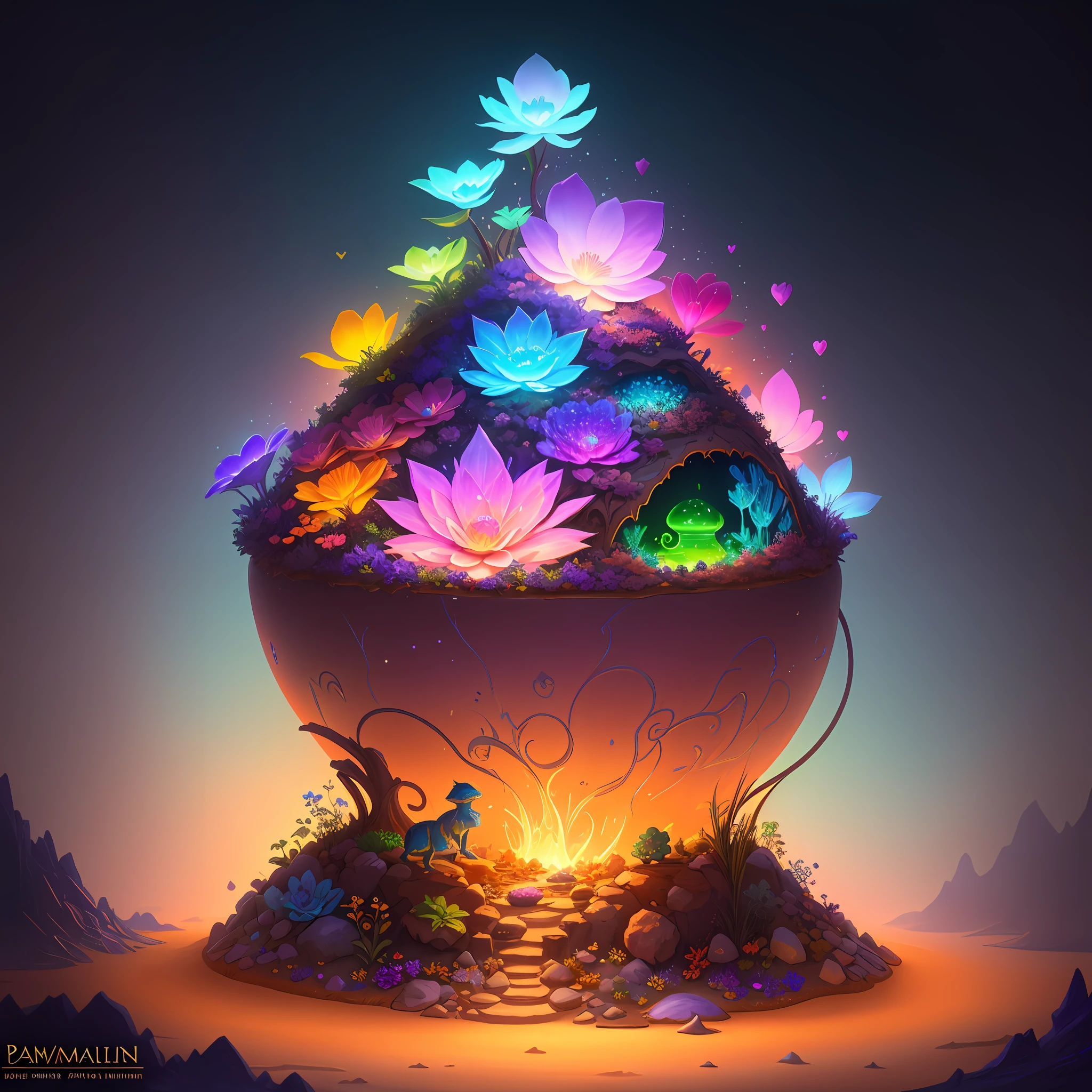On top of a Anthill made of sand is a pot made of wet soil and glowing crystals with flowers and a gaint panther chameleon sitting in it, cute detailed digital art, glowing flowers, magical garden plant creatures, graphic of enchanted terrarium, colorful alien flora, adorable digital painting, glowing plants, magical flowers, colorful concept art, fantasy game art style, magical cauldron, glowing rich colors, magic world. colorful, stylized concept art, colorful glow