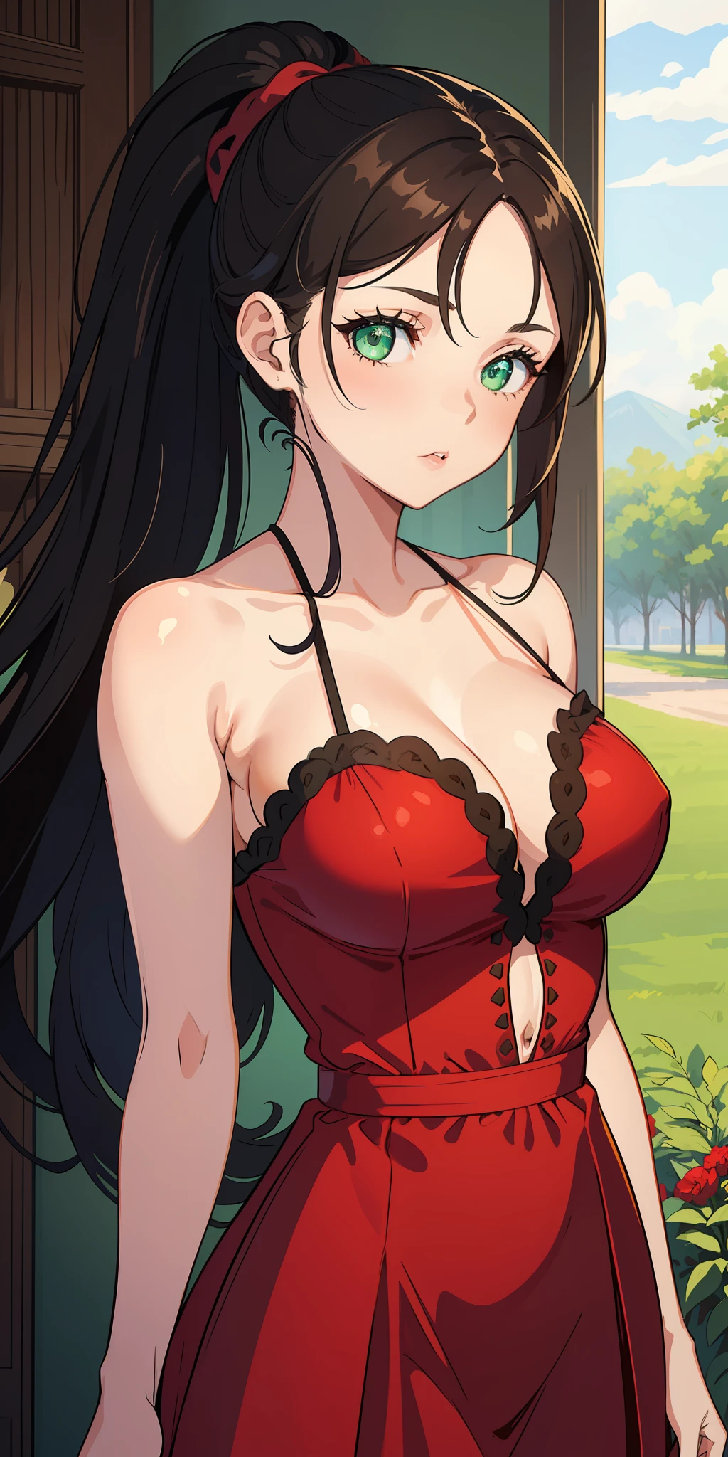 (masterpiece:1.2, best quality), (finely detailed beautiful eyes: 1.2), a girl with a brown ponytail, green eyes, in a red beautiful dress, big breasts, only 1 girl, age 20