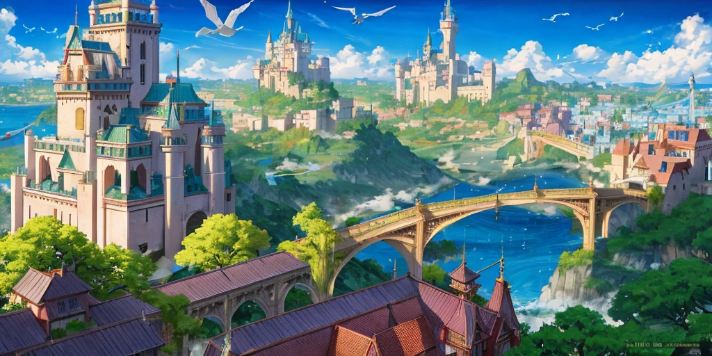 anime city with a bridge and a castle in the background, castle scene manga, 8k high quality detailed art, fantasy city background, renaissance port city background, castle background, 2. 5 d cgi anime fantasy artwork, amazing wallpaper, anime fantasy artwork, detailed scenery —width 672, flying cloud castle, 4 k detail fantasy, high detailed official artwork
