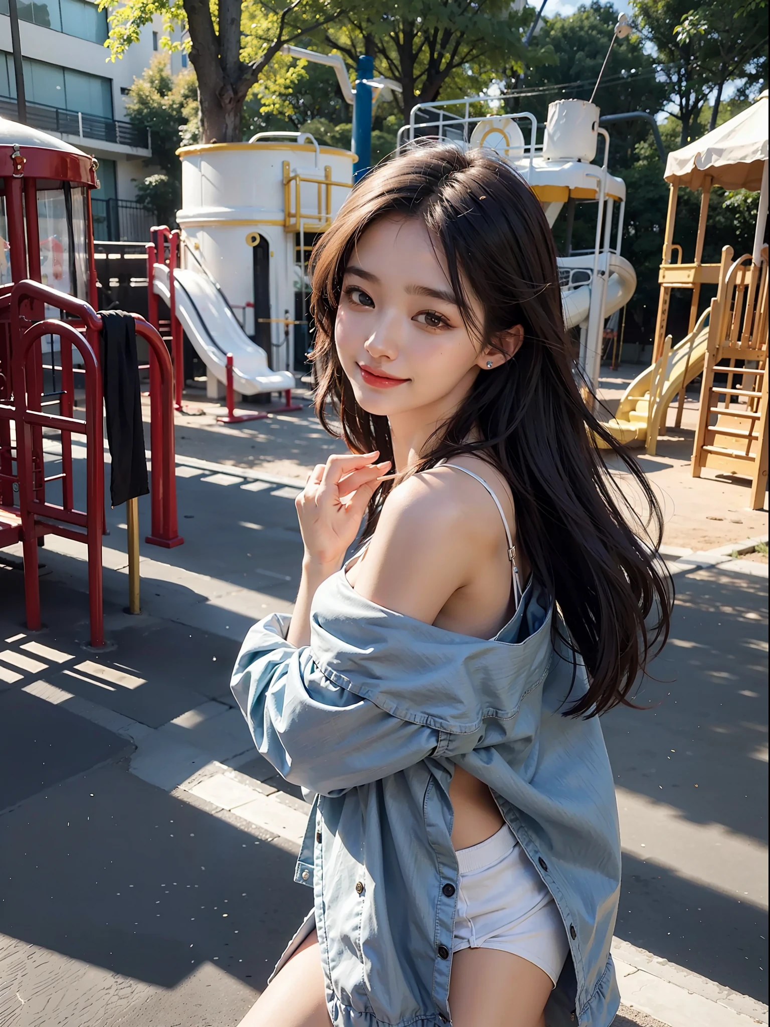 1girl, offshoulder, light smile, shiny skin
best quality, masterpiece, Eating artapushi at the playground, (photorealistic:1.4)