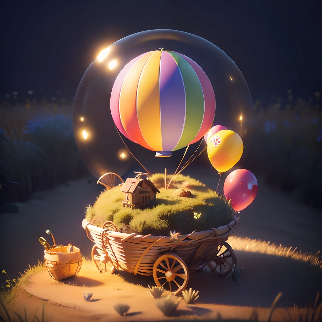 miniature balloon with a basket on an anthill, around grass and glowing butterflies, detailed, 3D rendering, photorealistic