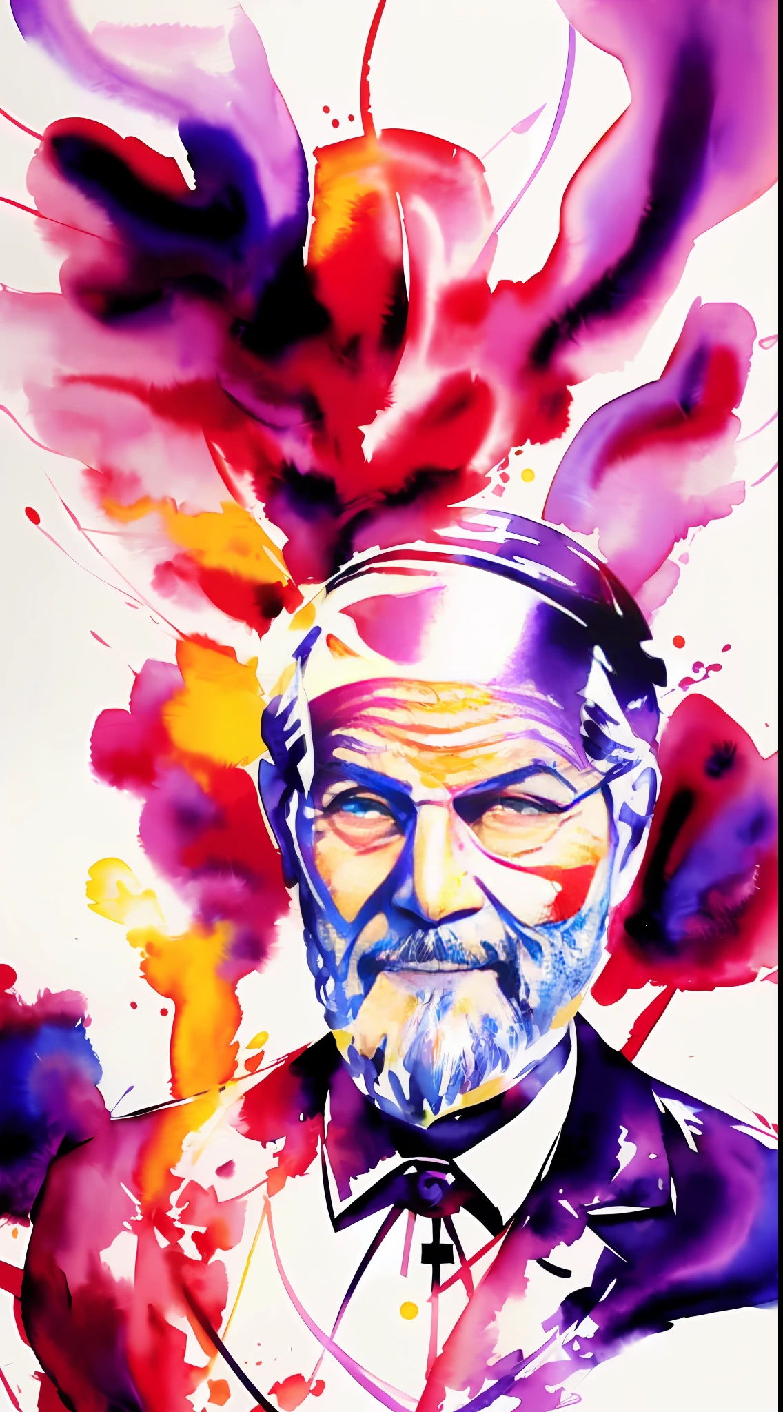 Dufkova, 2D, Lineart,
1 old magician (((sigmund freud))) with long gray beard fusing magic, firestorm, fire hydras, fantasy, high contrast, ink strokes, explosions, on exposure, purple and red tone printing, abstract, ((watercolor painting by John Berkey and Jeremy Mann)) brushstrokes, negative space,