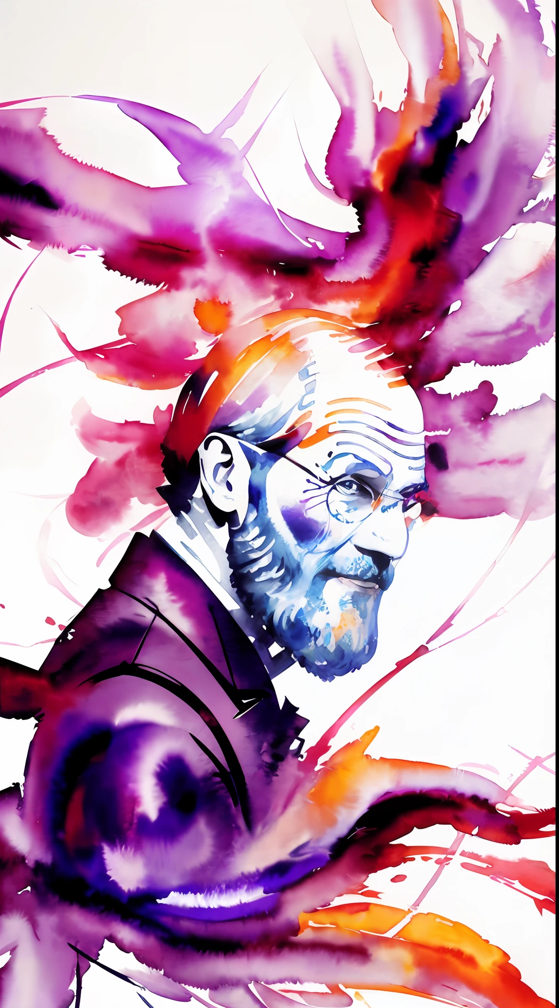 Dufkova, 2D, Lineart,
1 old magician (((sigmund freud))) with long gray beard fusing magic, firestorm, fire hydras, fantasy, high contrast, ink strokes, explosions, on exposure, purple and red tone printing, abstract, ((watercolor painting by John Berkey and Jeremy Mann)) brushstrokes, negative space,