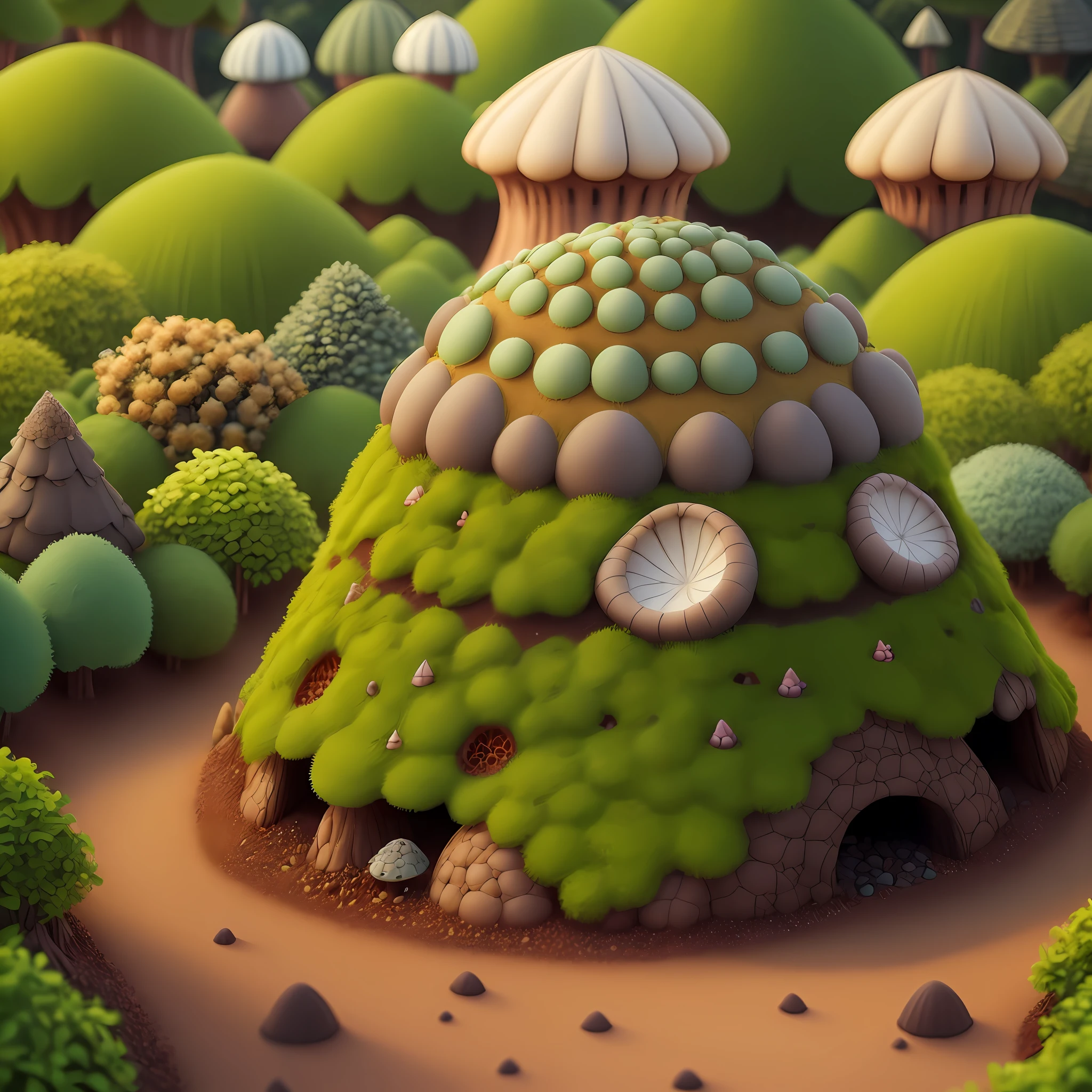 Anthill with a round cone shape, covered in scales and fungi, small gardens sorrounding it, hype realistic, 4k, 1:1