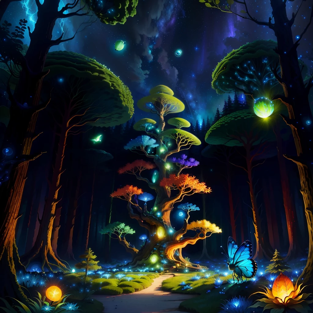 Avatar Anthill, blue and green color, fairy and wonderful forest, orange fireflies, semi-realistic 4k starry night