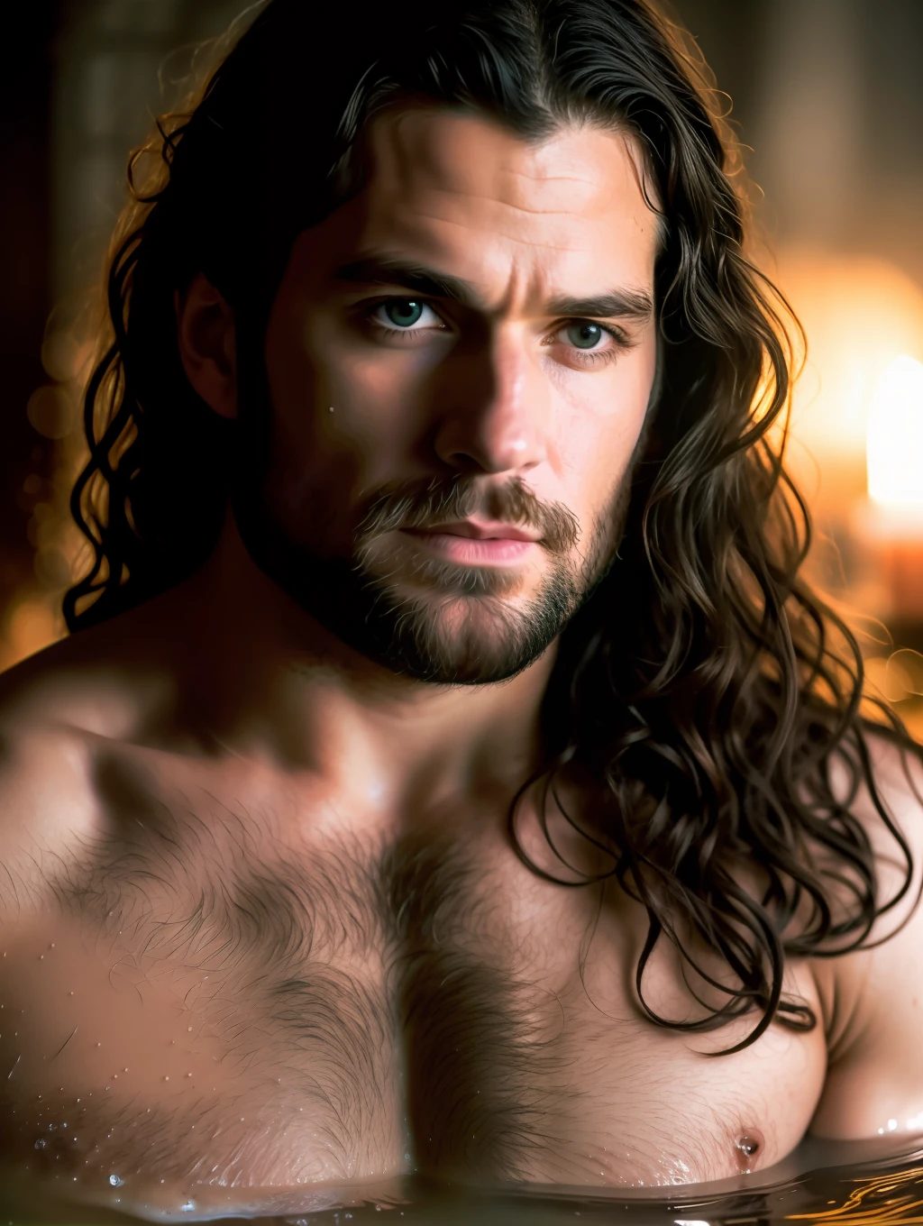 A photorealistic portrait of a shirtless Henry Cavill with long white hair, in a scne of The Witcher, bathing in an old and rustic bathtub, a renaissance movie still in the style of Zack Snyder, tumblr contest winner, hurufiyya, renaissance painting, masculine, movie still, candles in the background, candlelight, cinematic lighting. photograph, detailed symmetric realistic face, extremely detailed natural texture, peach fuzz, long hair, masterpiece, absurdres, nikon d850 film stock photograph, kodak portra 400 camera f1.6 lens, extremely detailed, amazing, fine detail, hyper realistic lifelike texture, dramatic lighting, unrealengine, trending on artstation, cinestill 800 tungsten, looking at the viewer, photo realistic, RAW photo, TanvirTamim, high quality, highres, sharp focus, extremely detailed, cinematic lighting, 8k uhd,-imagine-