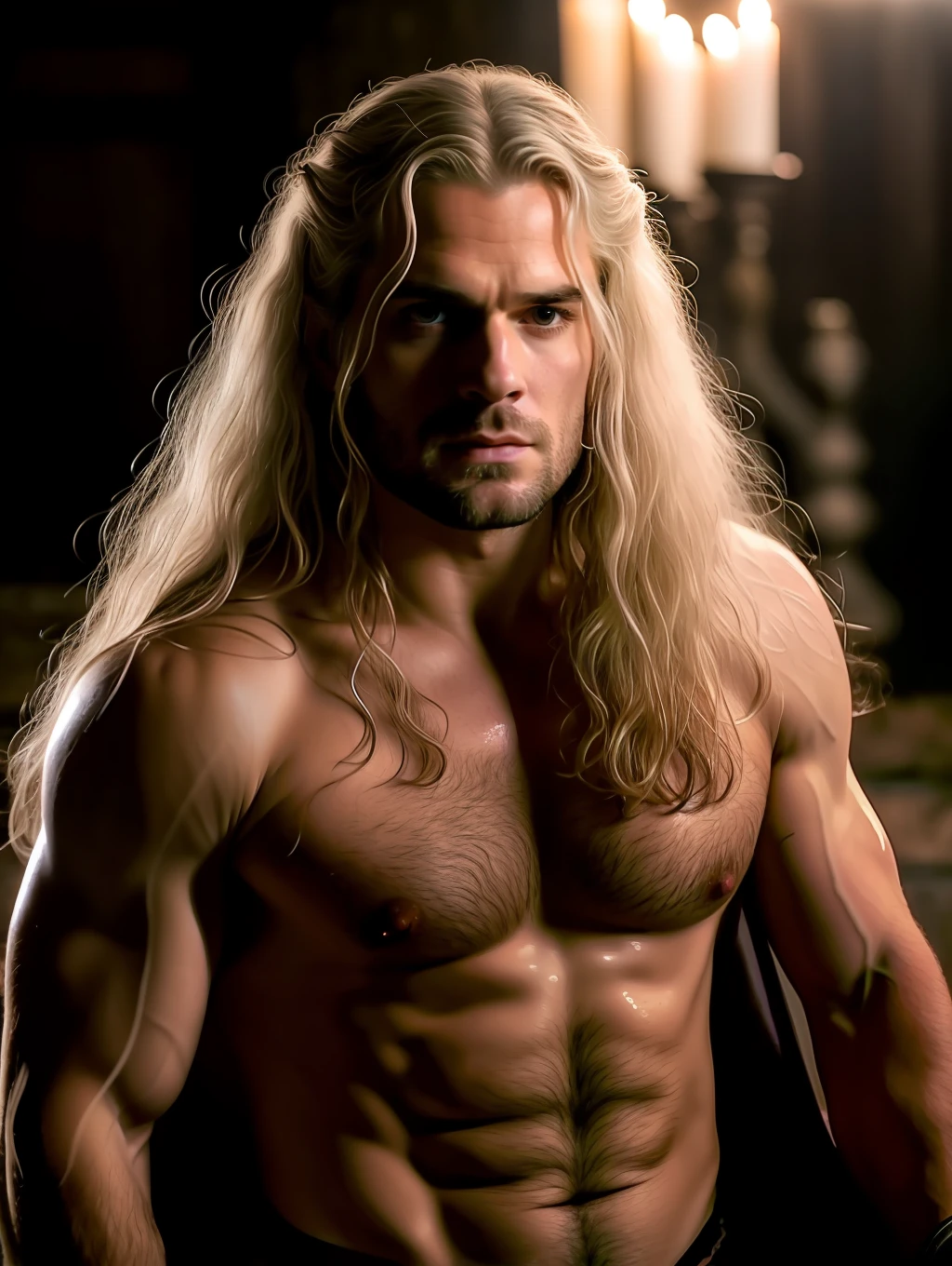 A photorealistic portrait of a shirtless Henry Cavill with long white hair, in a scne of The Witcher, bathing in an old and rustic bathtub, a renaissance movie still in the style of Zack Snyder, tumblr contest winner, hurufiyya, renaissance painting, masculine, movie still, candles in the background, candlelight, cinematic lighting. photograph, detailed symmetric realistic face, extremely detailed natural texture, peach fuzz, long hair, masterpiece, absurdres, nikon d850 film stock photograph, kodak portra 400 camera f1.6 lens, extremely detailed, amazing, fine detail, hyper realistic lifelike texture, dramatic lighting, unrealengine, trending on artstation, cinestill 800 tungsten, looking at the viewer, photo realistic, RAW photo, TanvirTamim, high quality, highres, sharp focus, extremely detailed, cinematic lighting, 8k uhd,-imagine-