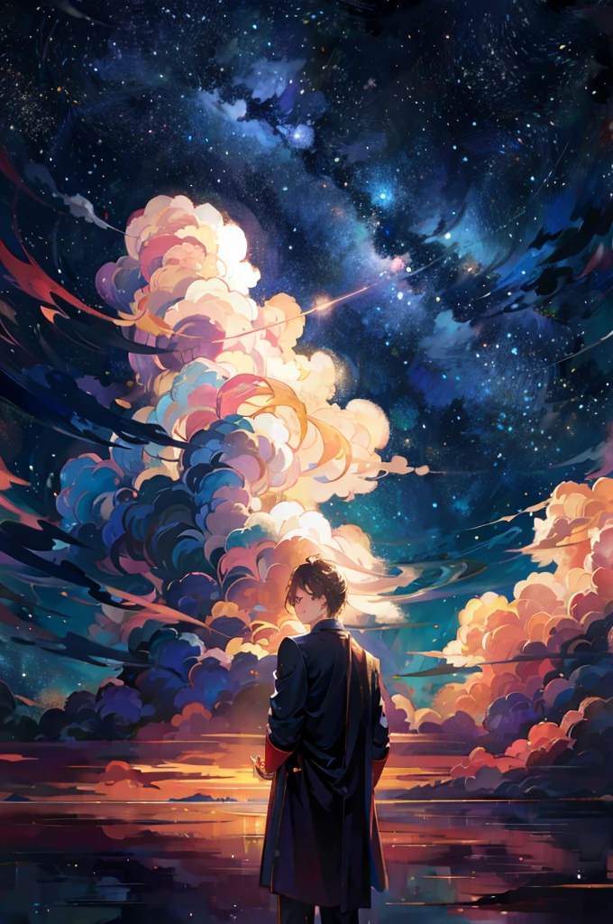 masterpiece, best quality, 1boy, clouds, starry, sky, colorful