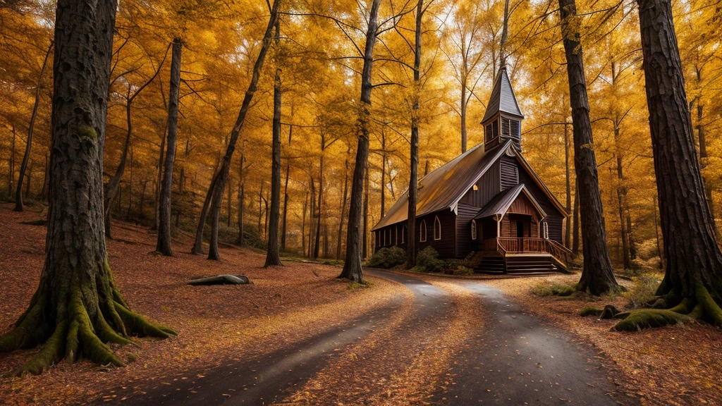 Epic movie poster, professional photo, a beautiful church in a amazing autumn forest landscape, professional digital art, professional lighting, dramatic lighting, high resolution, 8k, ultra high definition, HDRI, analog style, modelshoot style, rcnz_hqr style