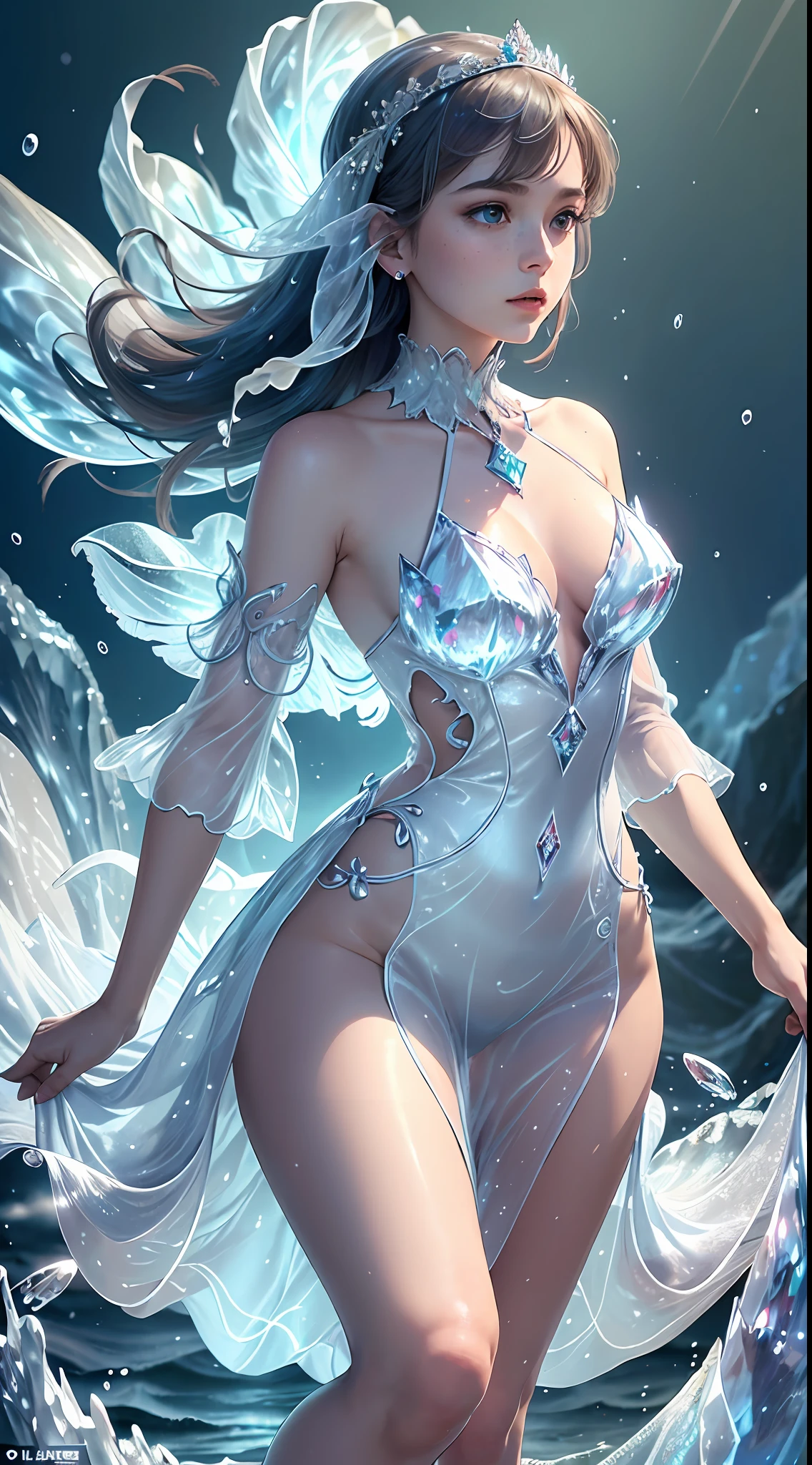 (Masterpiece, Top Quality, Best, Official Art, Beautiful and Aesthetic, Long Exposure: 1.2), Smooth Movement, Charming Patterns, 1 Girl, (No Cleavage: 1.4), (Long Dress with Sleeves: 1.3) , long blue dress, (small breasts: 1.2), bare shoulders, adult Russian woman, freckles, black lob hair, portrait, solo, upper body, looking at the observer, detailed background, detailed face, (crystallineAI, crystalline theme: 1.1 ), elemental water sprite, spinning water, controlling water, diamond clothes, dynamic pose, floating particles, ethereal dynamics, water, vapor, ocean in background, blue tint, coast, ethereal atmosphere,