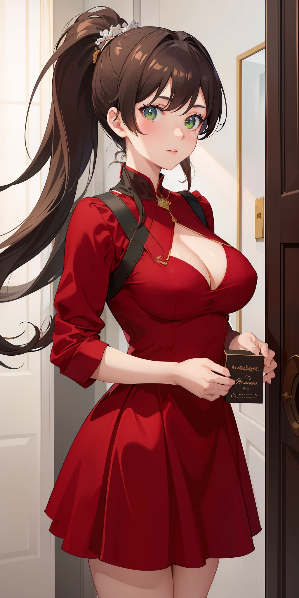 (masterpiece:1.2, best quality), (finely detailed beautiful eyes: 1.2), a girl with a brown ponytail, green eyes, in a red beautiful dress, big breasts, only 1 girl, age 20