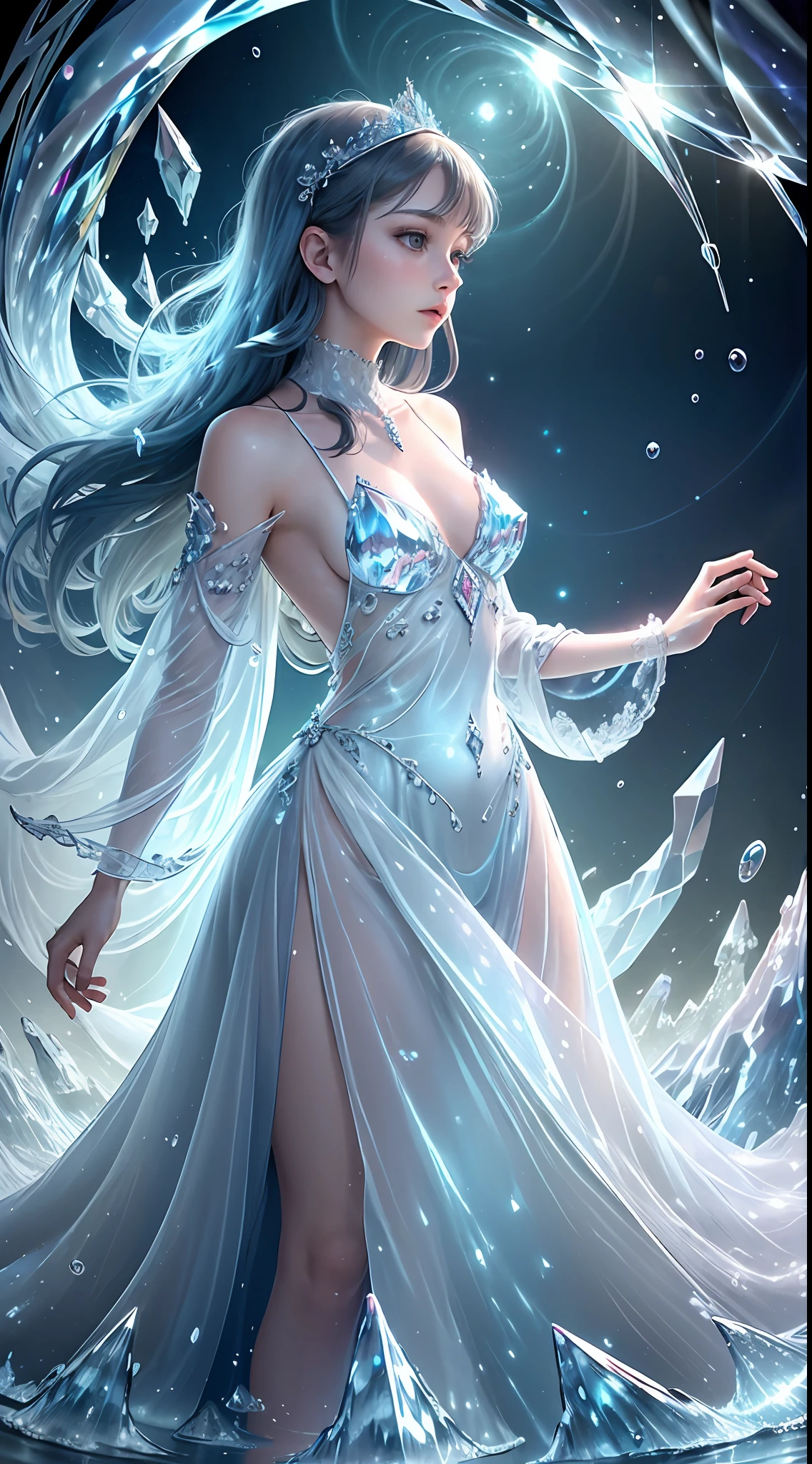 (Masterpiece, Top Quality, Best, Official Art, Beautiful and Aesthetic, Long Exposure: 1.2), Smooth Movement, Charming Patterns, 1 Girl, (No : 1.4), (Long Dress with Sleeves: 1.3) , long blue dress, (small breasts:bare shoulders, adult Russian woman, freckles, black lob hair, portrait, solo, upper body, looking at the observer, detailed background, detailed face, (crystallineAI, crystalline theme: 1.1 ), elemental water sprite, spinning water, controlling water, diamond clothes, dynamic pose, floating particles, ethereal dynamics, water, vapor, ocean in background, blue tint, coast, ethereal atmosphere,