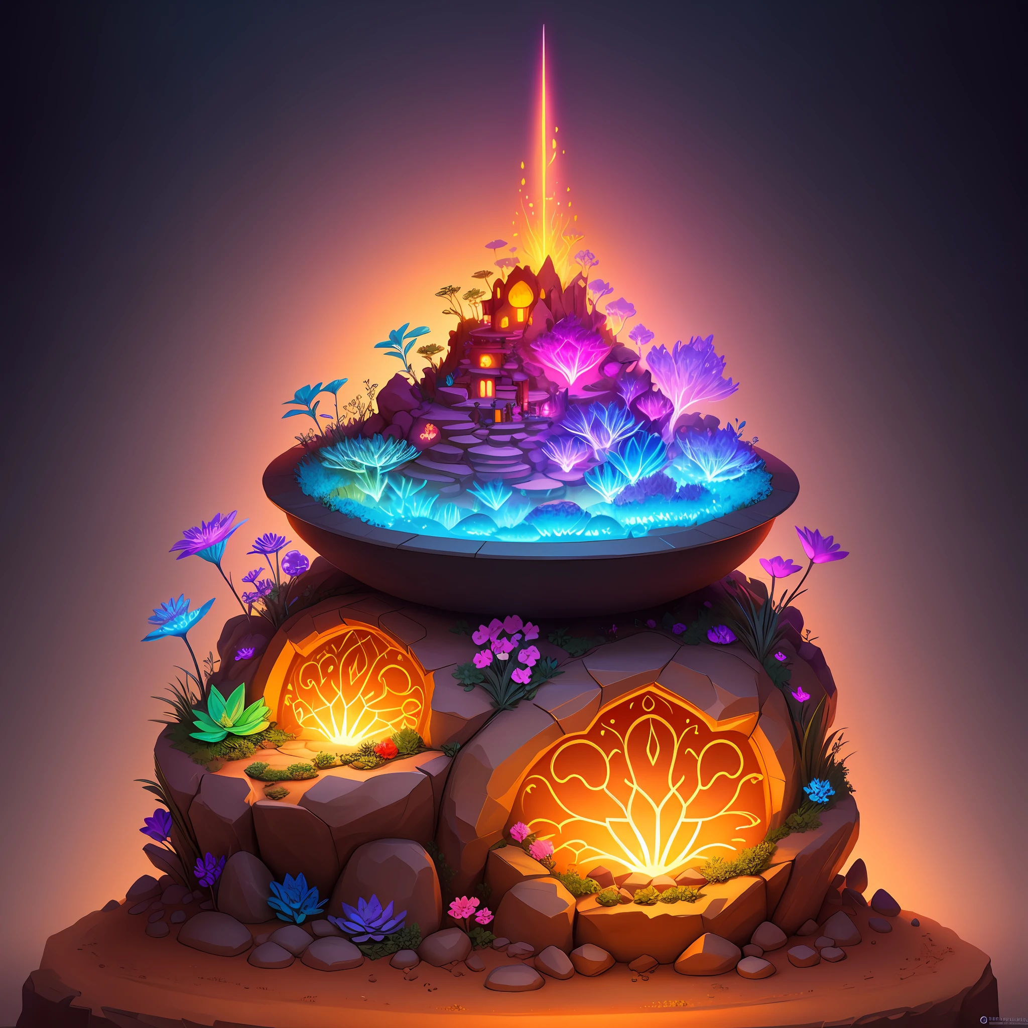 On top of a Anthill made of sand is a pot made of wet soil and glowing crystals with flowers and a gaint panther chameleon sitting in it, cute detailed digital art, glowing flowers, magical garden plant creatures, graphic of enchanted terrarium, colorful alien flora, adorable digital painting, glowing plants, magical flowers, colorful concept art, fantasy game art style, magical cauldron, glowing rich colors, magic world. colorful, stylized concept art, colorful glow