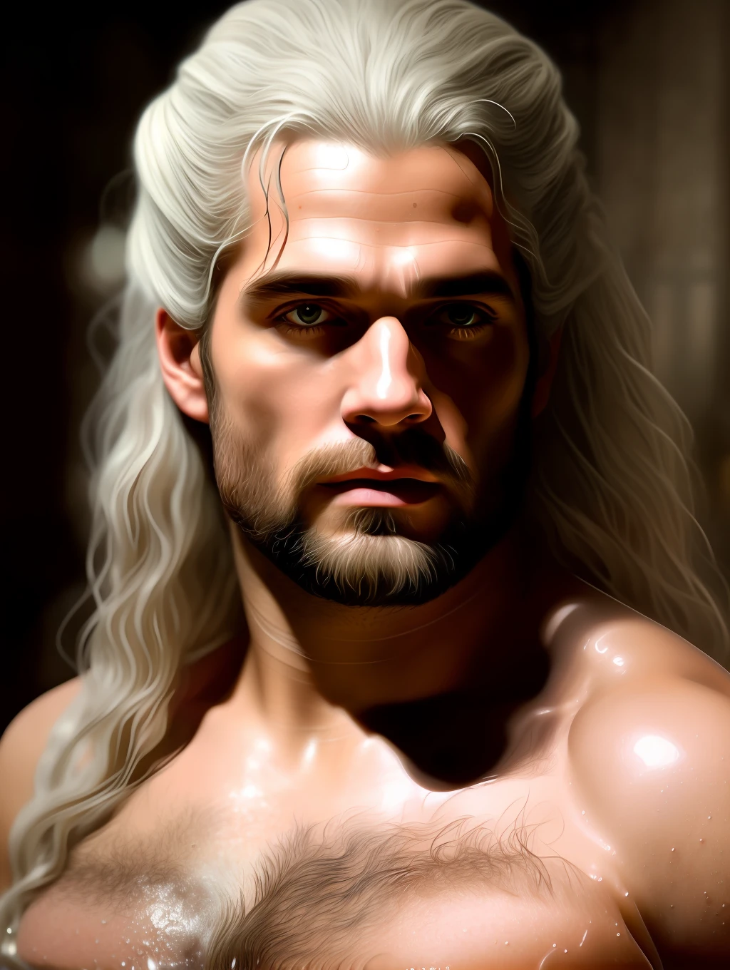 A photorealistic portrait of a shirtless Henry Cavill with long white hair, in a scne of The Witcher, bathing in an old and rustic bathtub, a renaissance movie still in the style of Zack Snyder, tumblr contest winner, hurufiyya, renaissance painting, masculine, movie still, candles in the background, candlelight, cinematic lighting. photograph, detailed symmetric realistic face, extremely detailed natural texture, peach fuzz, long hair, masterpiece, absurdres, nikon d850 film stock photograph, kodak portra 400 camera f1.6 lens, extremely detailed, amazing, fine detail, hyper realistic lifelike texture, dramatic lighting, unrealengine, trending on artstation, cinestill 800 tungsten, looking at the viewer, photo realistic, RAW photo, TanvirTamim, high quality, highres, sharp focus, extremely detailed, cinematic lighting, 8k uhd,-imagine-