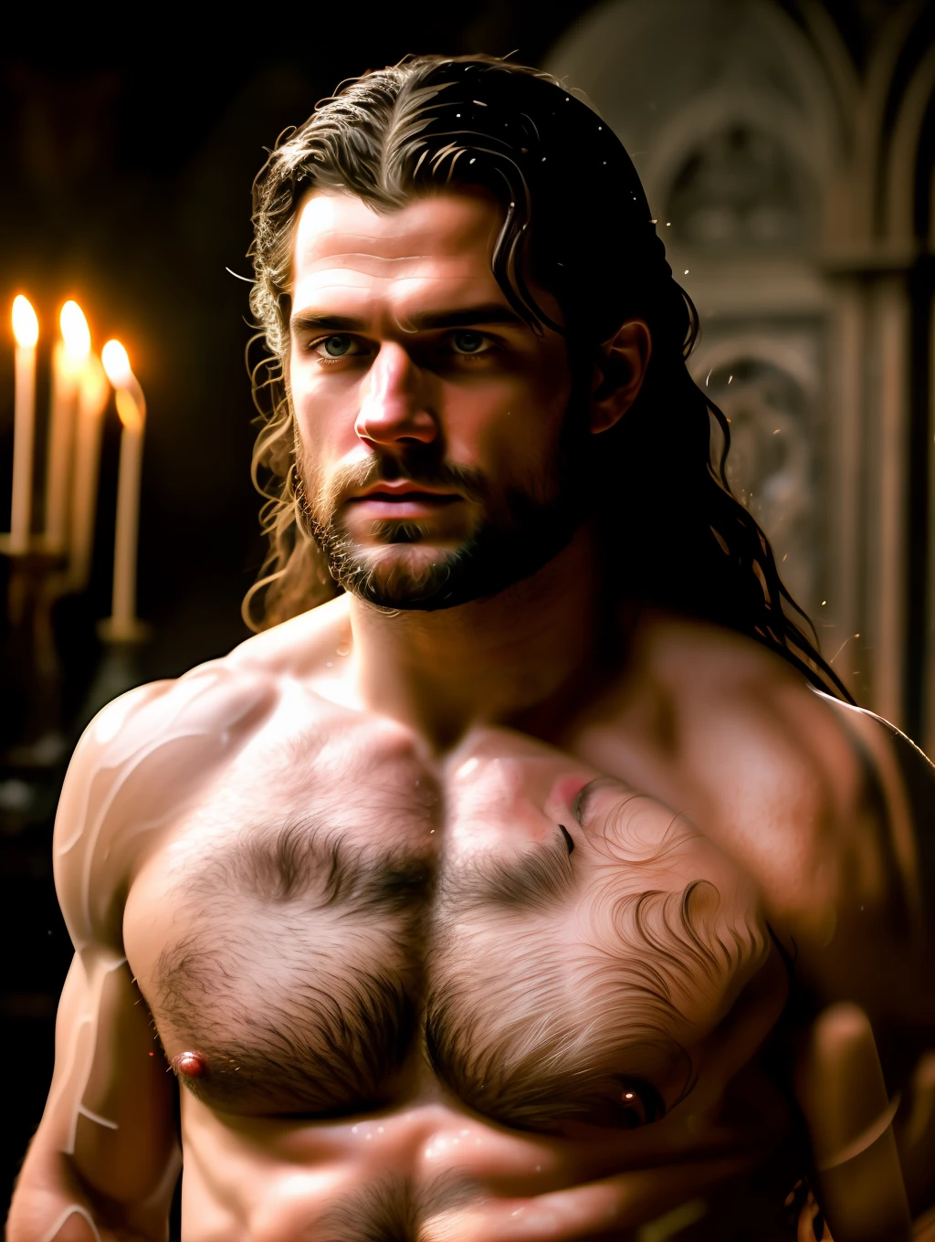 A photorealistic portrait of a shirtless Henry Cavill with long white hair, in a scne of The Witcher, bathing in an old and rustic bathtub, a renaissance movie still in the style of Zack Snyder, tumblr contest winner, hurufiyya, renaissance painting, masculine, movie still, candles in the background, candlelight, cinematic lighting. photograph, detailed symmetric realistic face, extremely detailed natural texture, peach fuzz, long hair, masterpiece, absurdres, nikon d850 film stock photograph, kodak portra 400 camera f1.6 lens, extremely detailed, amazing, fine detail, hyper realistic lifelike texture, dramatic lighting, unrealengine, trending on artstation, cinestill 800 tungsten, looking at the viewer, photo realistic, RAW photo, TanvirTamim, high quality, highres, sharp focus, extremely detailed, cinematic lighting, 8k uhd,-imagine-