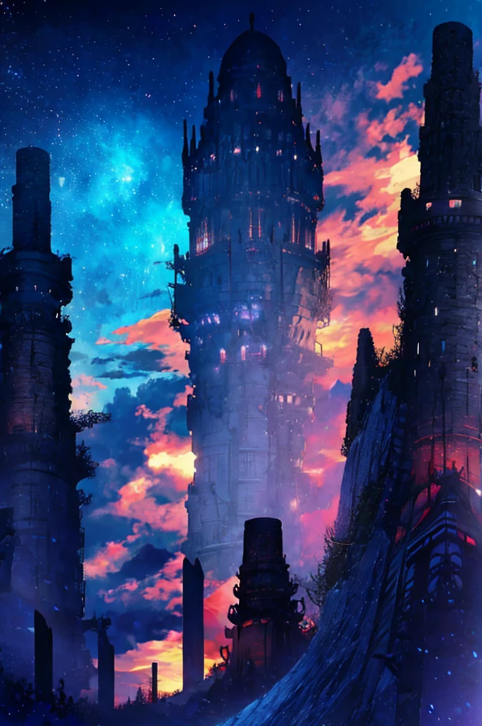 towers of god, blue towers, violet, blue, red, god, red sky, violet sky, starry sky, stars, starry towers, starry god, light blue, civilization, order