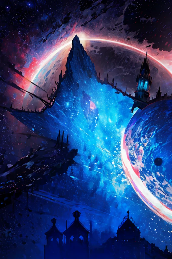 towers of god, blue towers, violet, blue, red, god, red sky, violet sky, starry sky, stars, starry towers, starry god, light blue, civilization, order