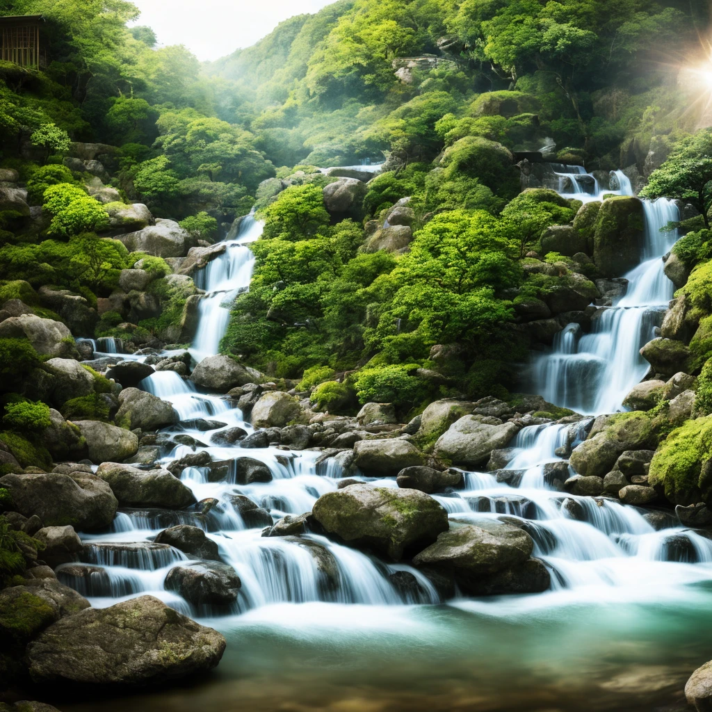 The cafe and bekery shop, Japanese-themed décor, video game corner, waterfall outside, natural river, and small bridge. RAW, panorama, lens flare, Surrealism, depth of field, UHD, retina, 16k