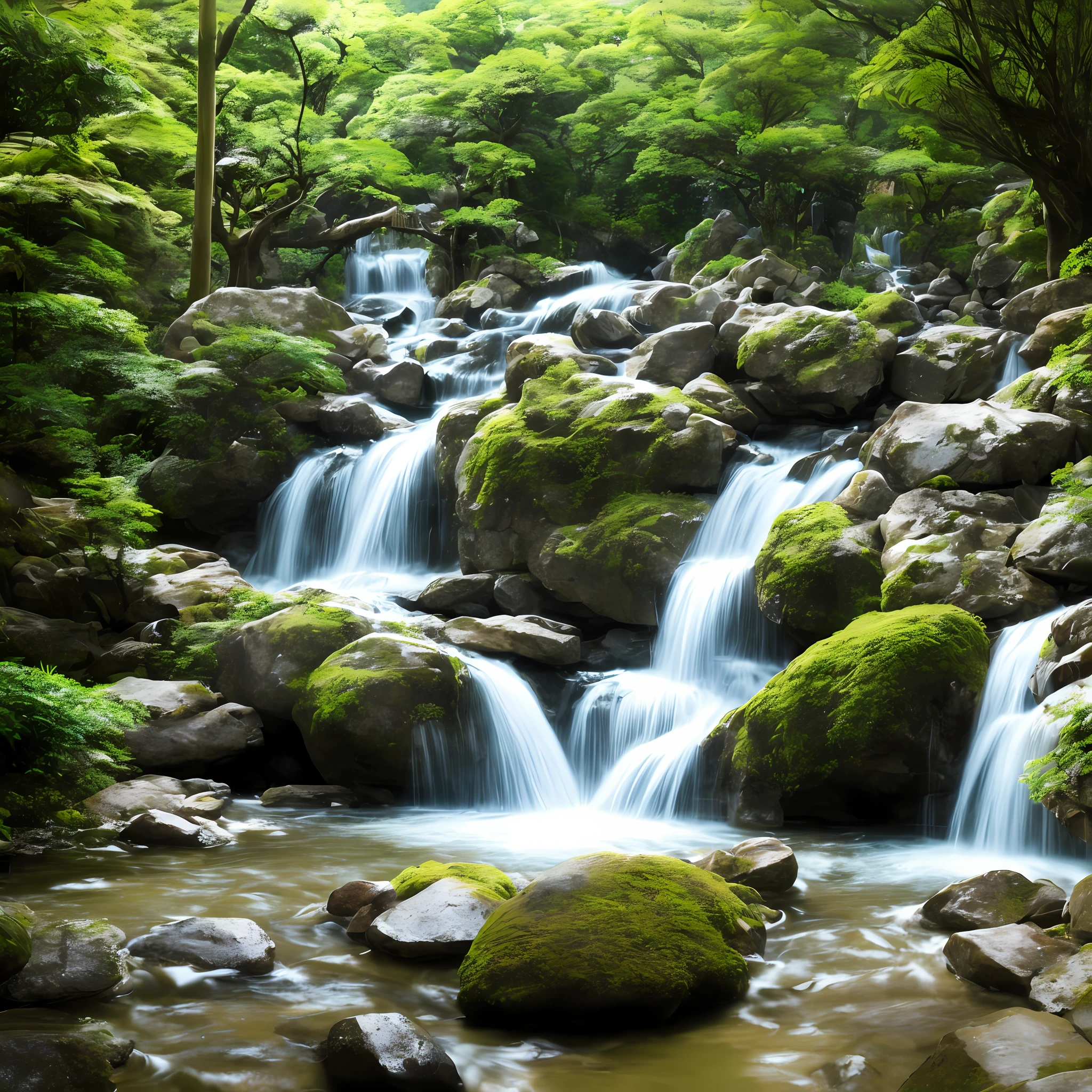 The café atmosphere, Japanese-themed décor, video game corner, waterfall outside, natural river, and small bridge.
