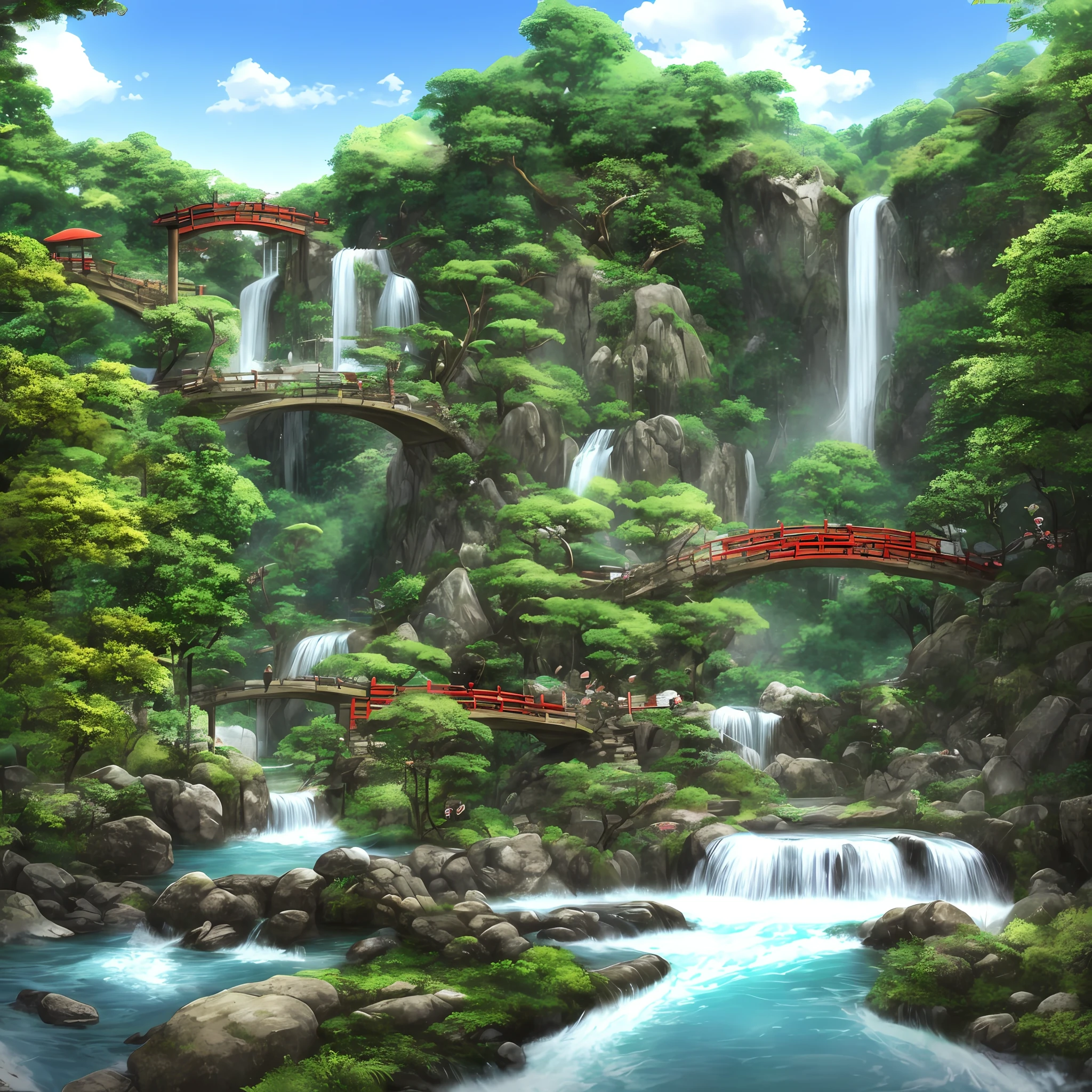 The café atmosphere, Japanese-themed décor, video game corner, waterfall outside, natural river, and small bridge.
