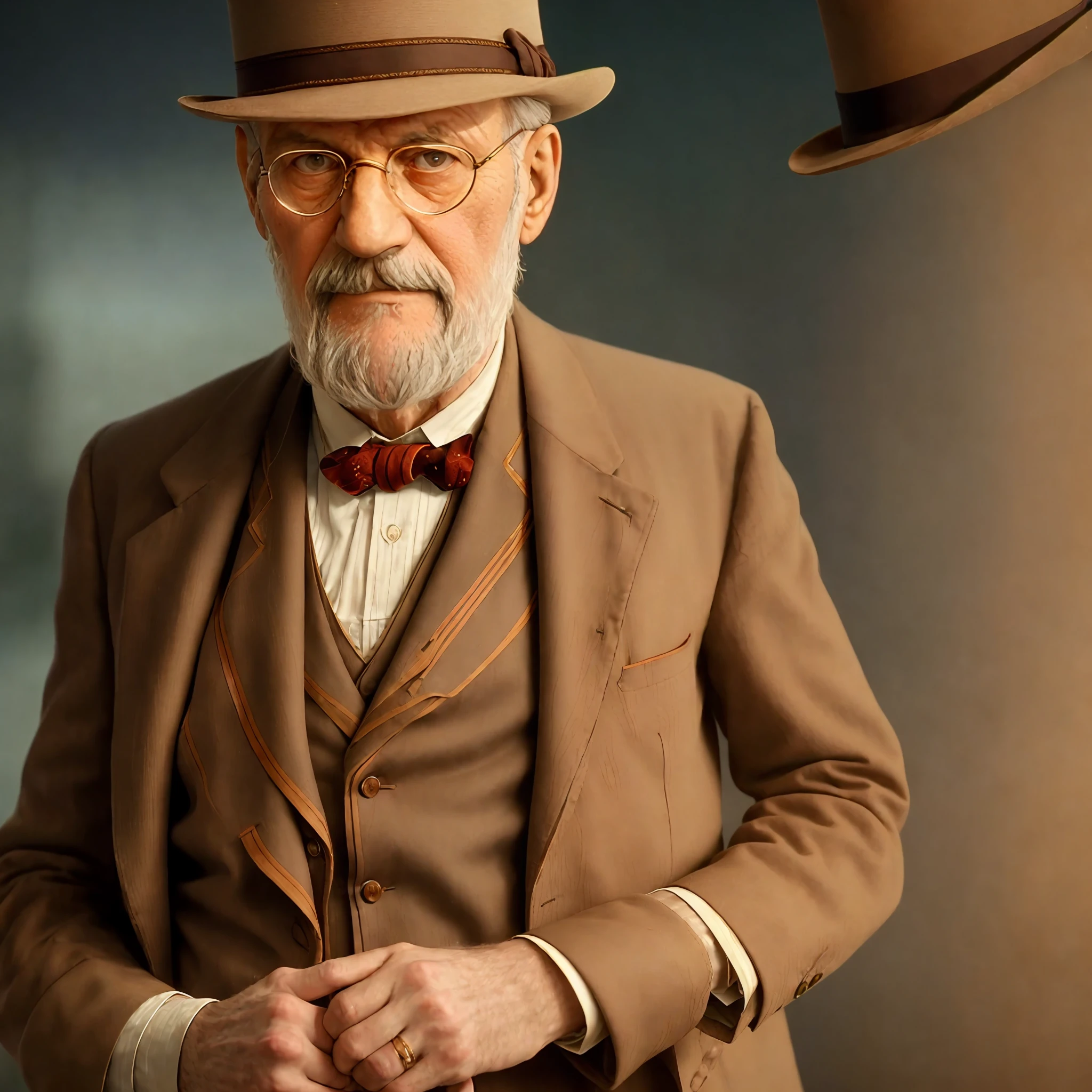 ((Sigmund Freud)) with brown wool suit, bow tie and soft brown hat, (standing), ((still frame of the film)), ((close shot)), color film, complex things around, intricate in the background, ((((grain of film)))), extremely detailed, 8k UHD, (((detailed skin))), cinematic
