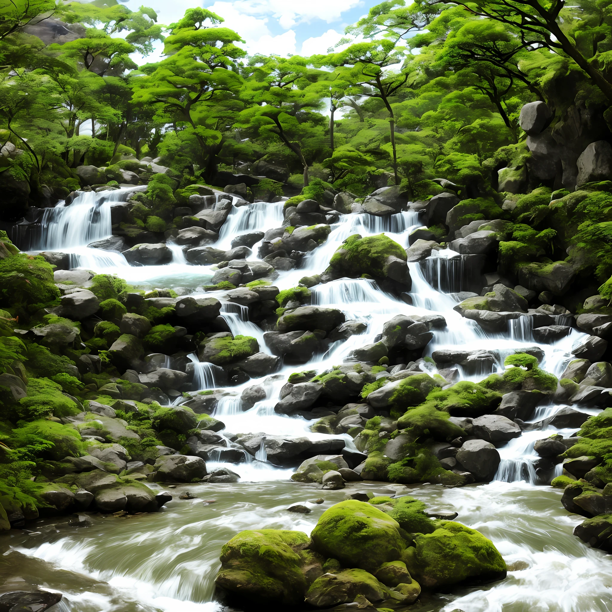The café atmosphere, Japanese-themed décor, video game corner, waterfall outside, natural river, and small bridge.