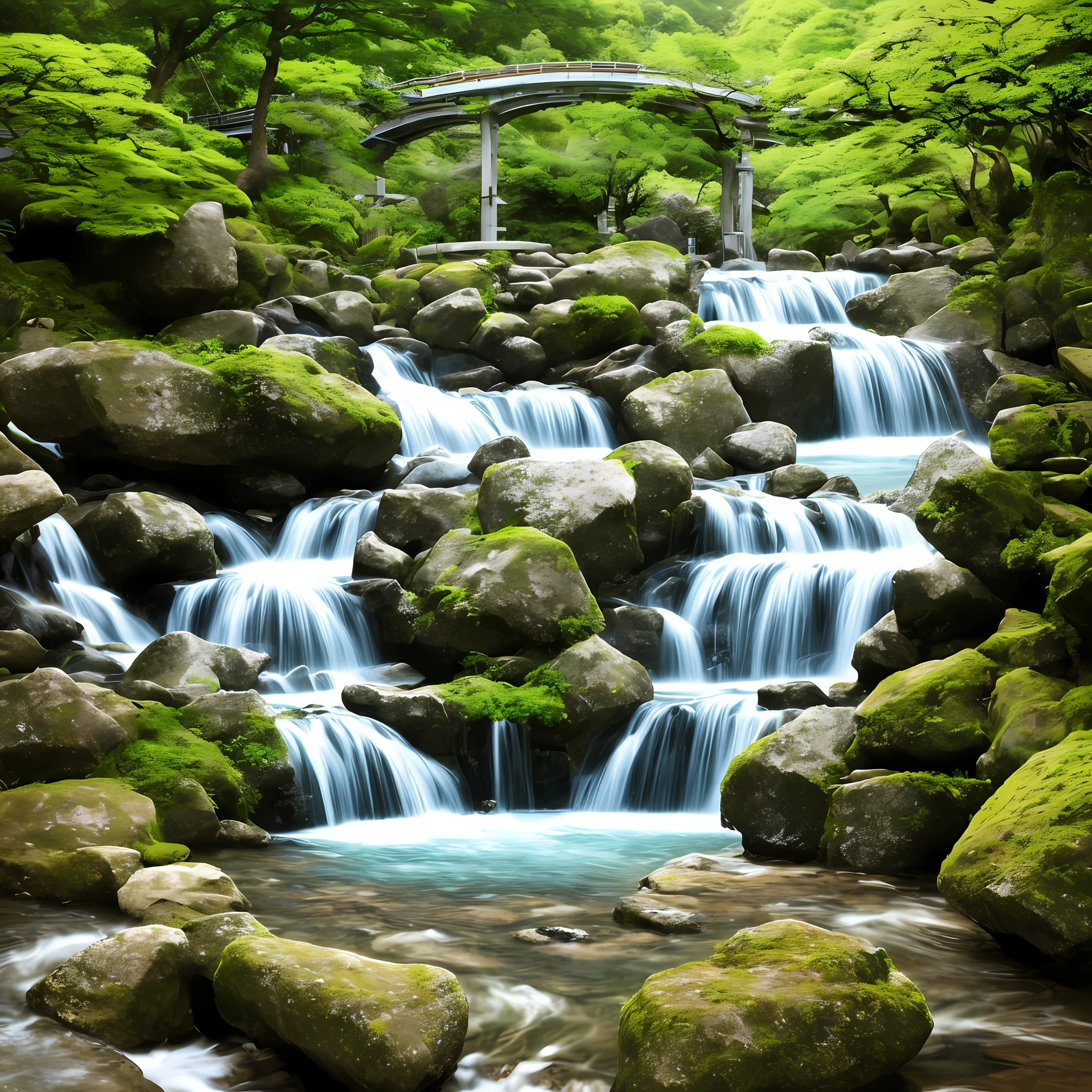 The café atmosphere, Japanese-themed décor, video game corner, waterfall outside, natural river, and small bridge.