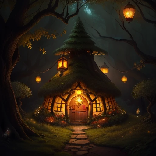 An elven Anthill like hobbit house, in an autumnal undergrowth setting, lanterns hanging from tree branches, glittering butterflies and fireflies, 4k, semi-realistic