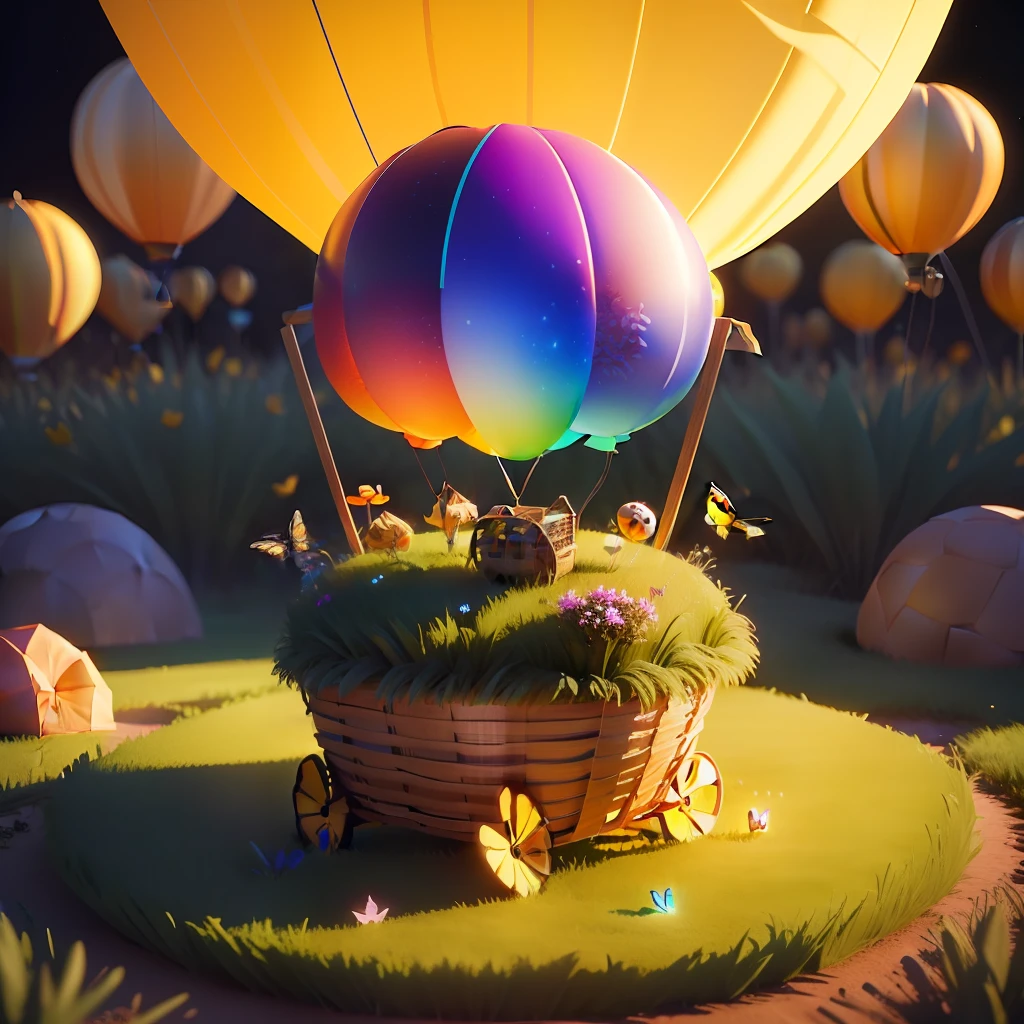 miniature balloon with a basket on an anthill, around grass and glowing butterflies, detailed, 3D rendering, photorealistic