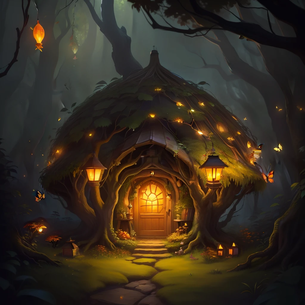 An elven Anthill like hobbit house, in an autumnal undergrowth setting, lanterns hanging from tree branches, glittering butterflies and fireflies, 4k, semi-realistic
