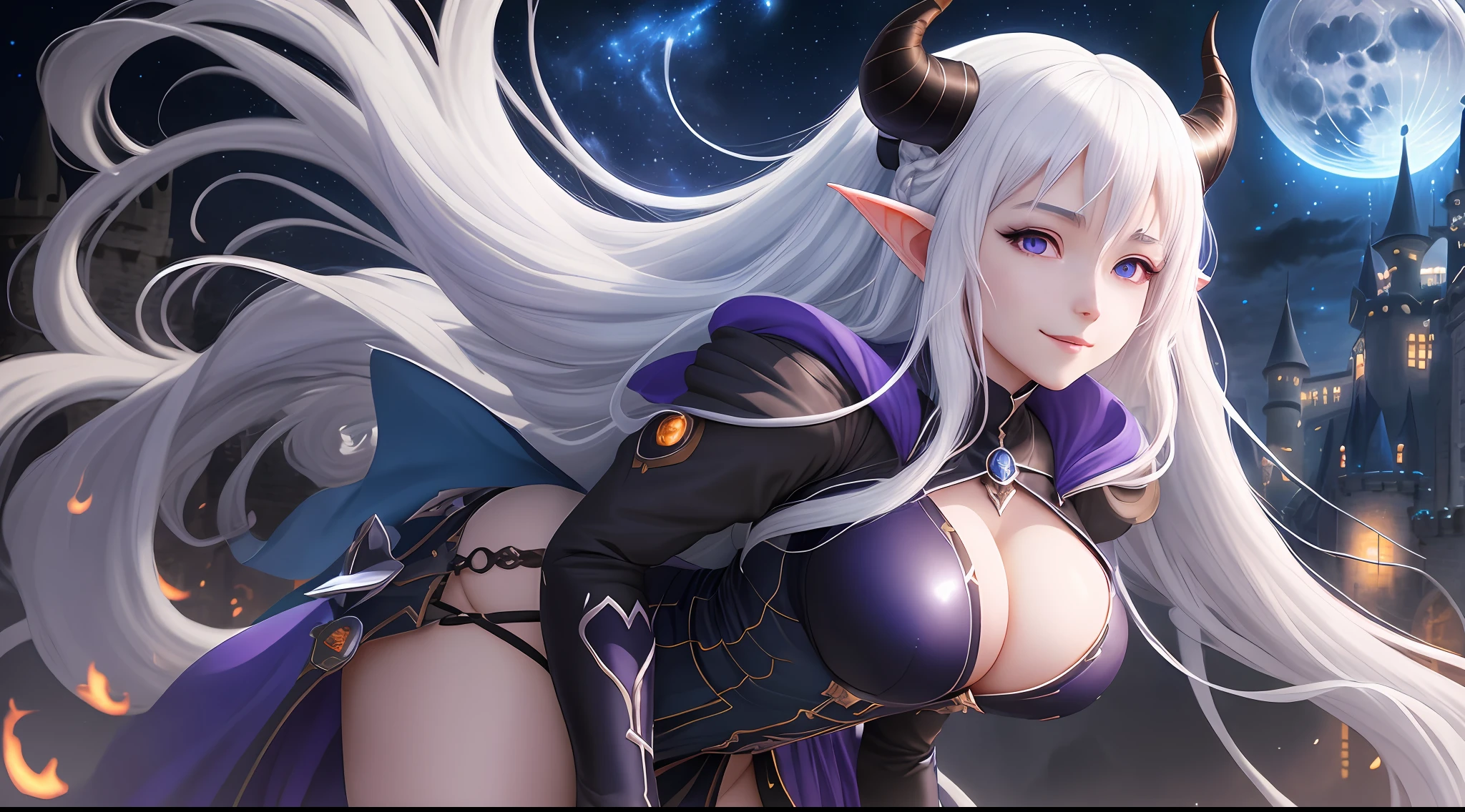 anime, white hair, long hair, floating hair, woman, large breasts:0.8, sword, witch:0.5, horns, succubus, demon girl, pointy ears, dark elf, smile, dark clothes, short dress, tight clothing, castle, burning castle, blue sky, stars, wallpaper, detailed, purple eyes, landscape, fantasy, blue moon, energy, blue