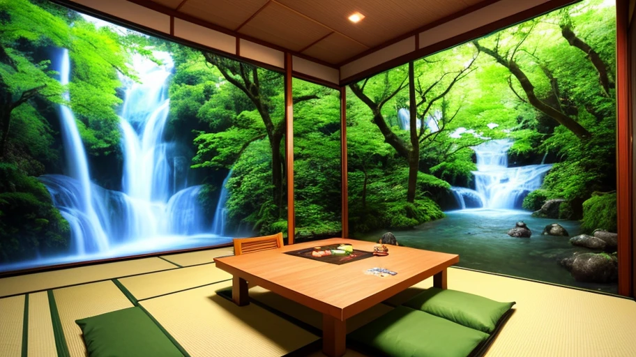 Japanese-themed café decoration, video game corner, and waterfalls and nature outside, RAW, 16K, highly detailed