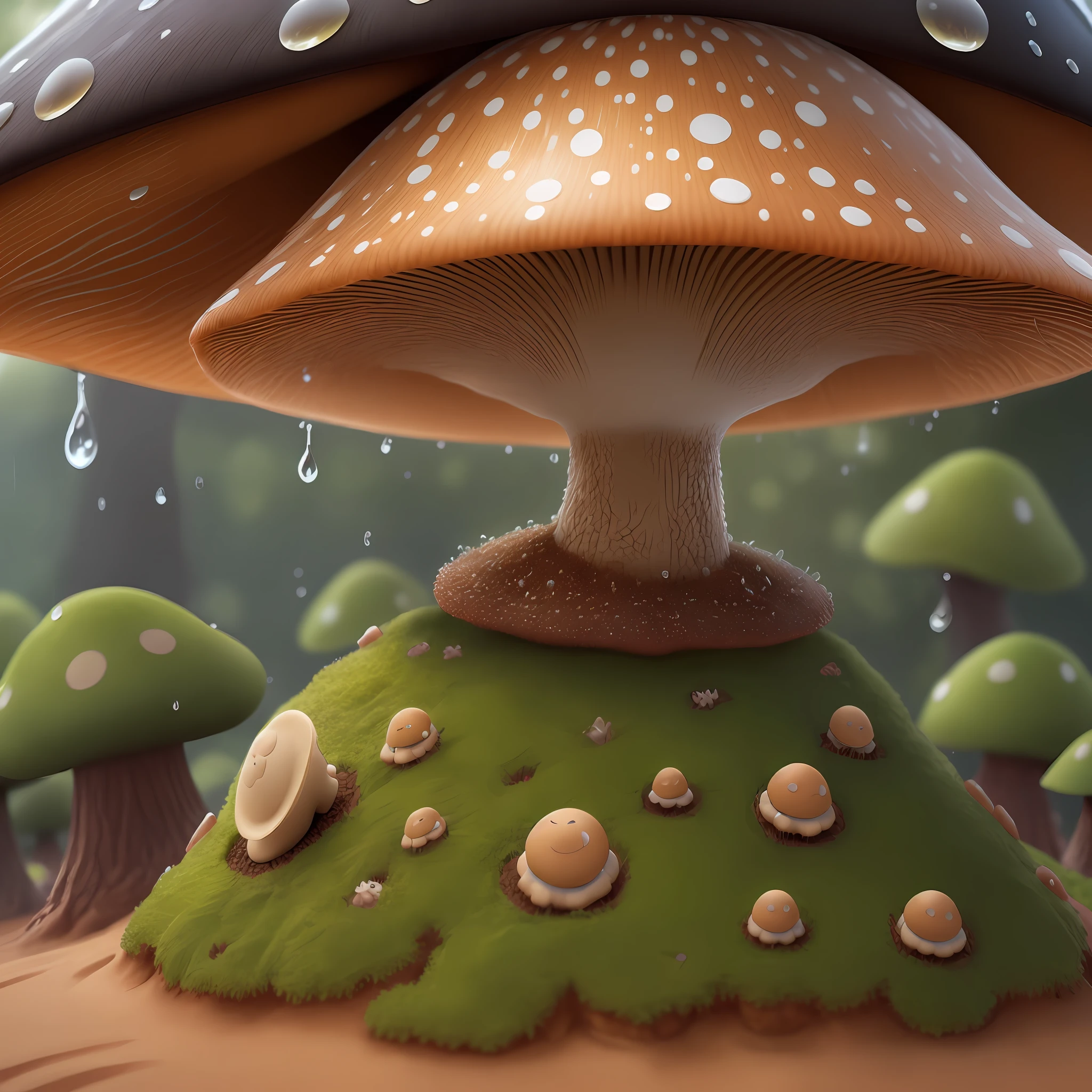 Anthill in the shape of a mushroom, raindrops on the hat, realistic hype, 4k, 1: 1