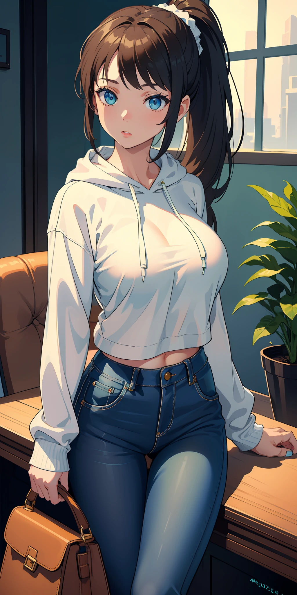 (masterpiece:1.2, best quality), (finely detailed beautiful eyes: 1.2), a girl with a brown ponytail, green eyes, in white hoddie, blue jeans, big breasts, only 1 girl, age 20