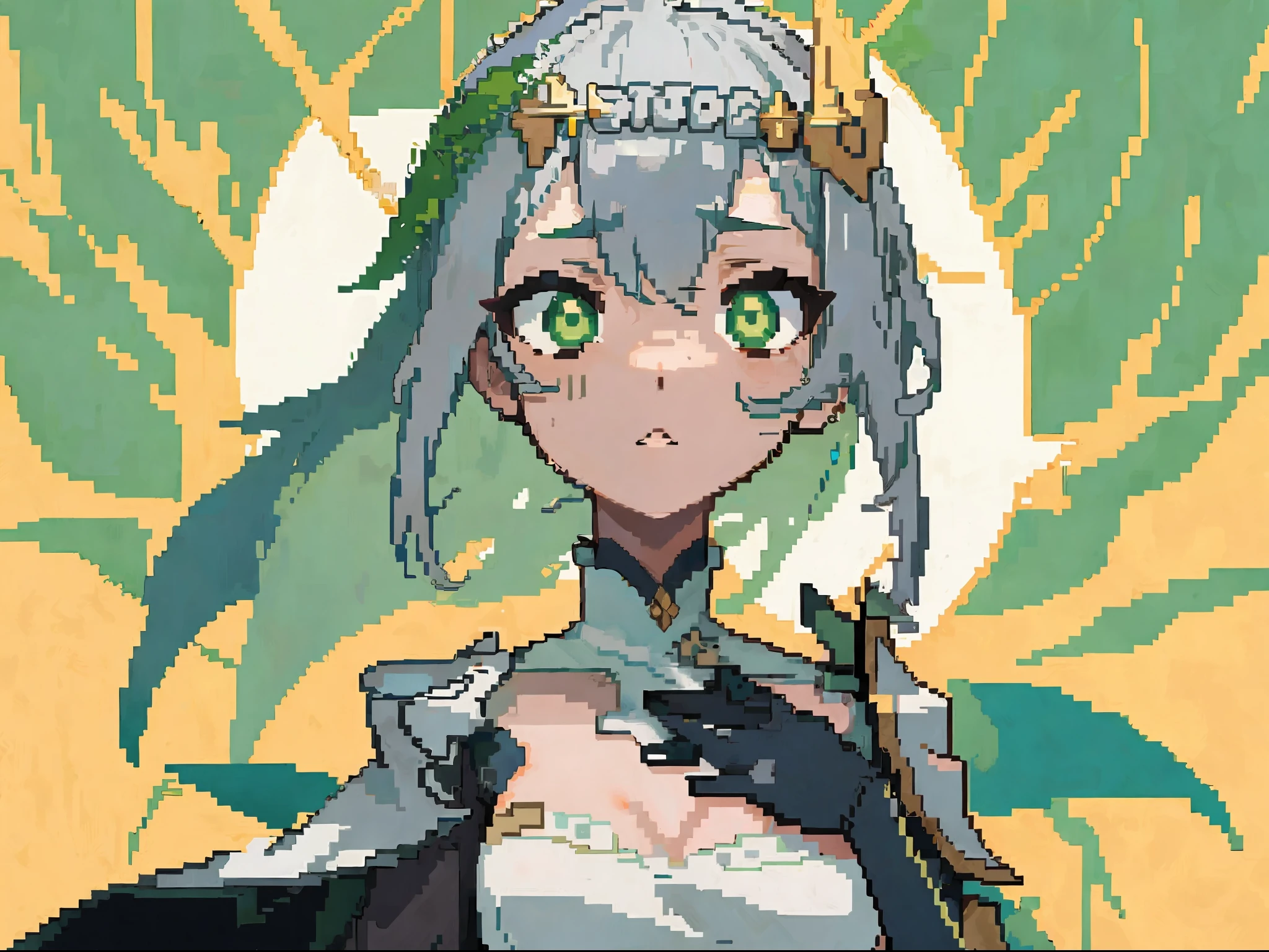 masterpiece, high quality, hcnone, pixel art, 1girl, noelle genshin impact, silver hair, green eyes, simple gold color background