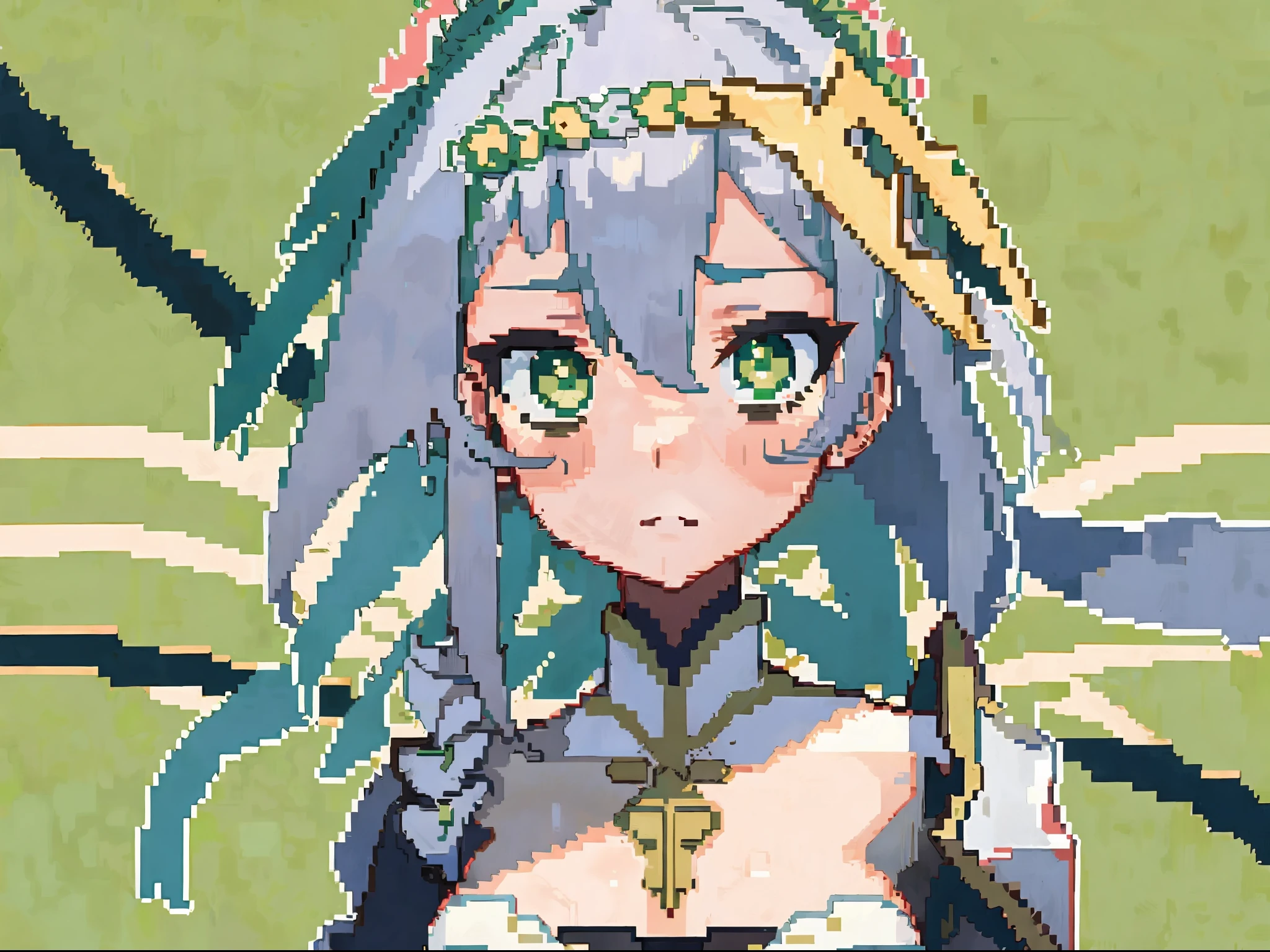 masterpiece, high quality, hcnone, pixel art, 1girl, noelle genshin impact, silver hair, green eyes, simple gold color background
