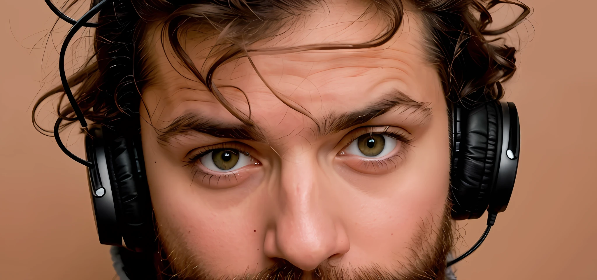 there is a man with a beard and headphones on, third eyes middle of foreheads, clear symmetrical eyes, clear eyes looking into camera, portrait close up of guy, eyes looking at the camera, dilated pupils, close up portrait photo, close up face, with anxious piercing eyes, large eyes with visible pupils, symetrical eyes, close - up face portrait