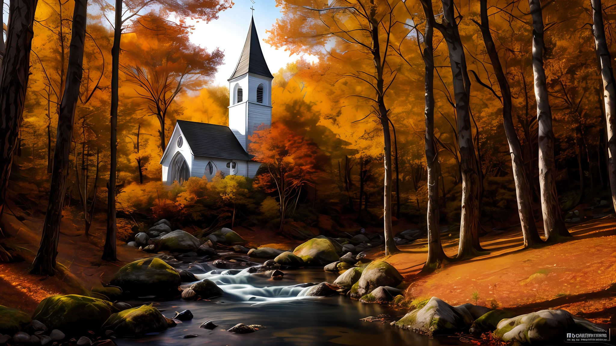Epic movie poster, professional photo, beautiful church in amazing autumn forest landscape, professional digital art, professional lighting, dramatic lighting, high resolution, 8k, ultra high definition, HDRI, style, model shoot style, style rcnz_hqr