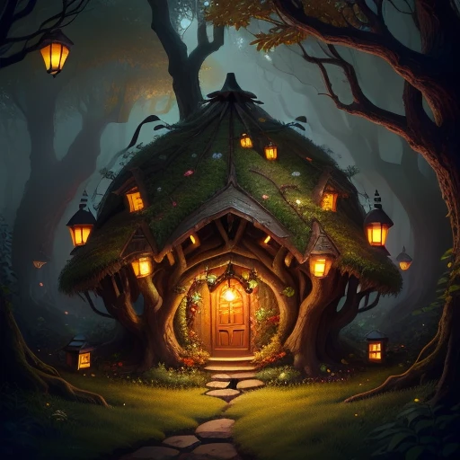 An elven Anthill like hobbit house, in an autumnal undergrowth setting, lanterns hanging from tree branches, glittering butterflies and fireflies, 4k, semi-realistic