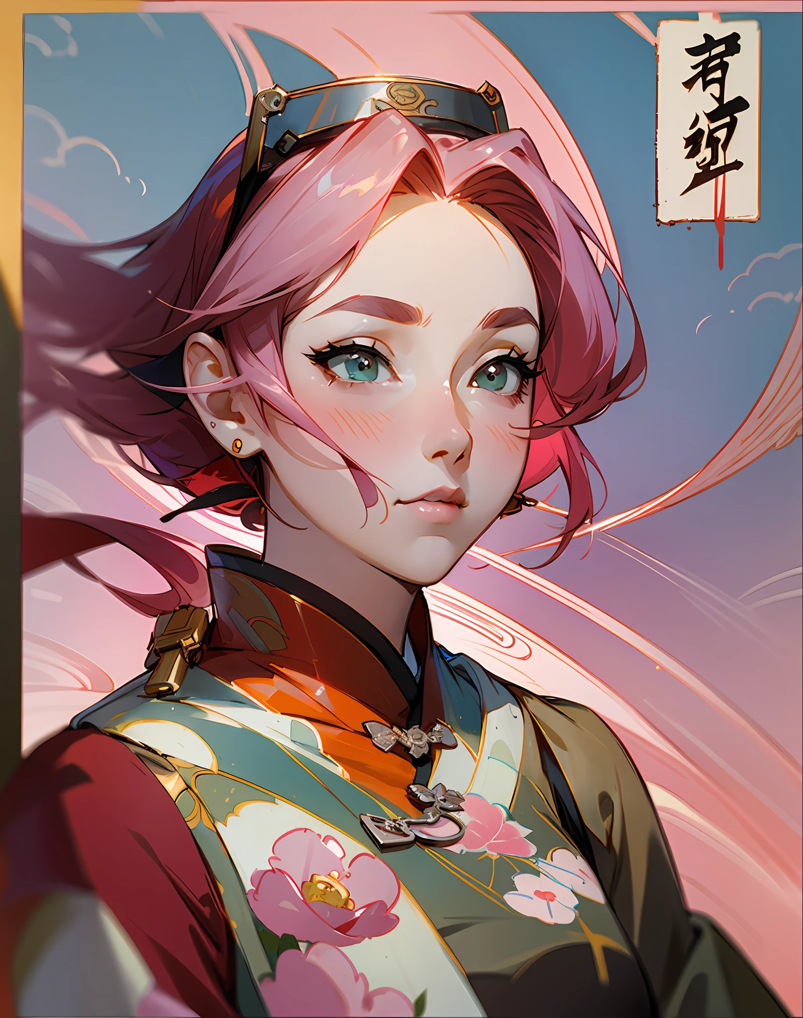 A beautiful Chinese girl, bust, wearing peony hair accessories, wearing antique Chinese clothes, beautiful female body, lancet eyebrows, meticulous eyes, pink hair, flowing skirt, floating clouds, watercolor, ink painting, harmonious and unified tone, beautiful details, rich light, Xin qi rendering, perfect art, fresh color background, Qiu Ying style of ancient Chinese artists, soft shadows, Clear Sharp Focus, Cinematography, Central Composition, Poster Design, Cinematography, Panorama, 32K, -- v 6
