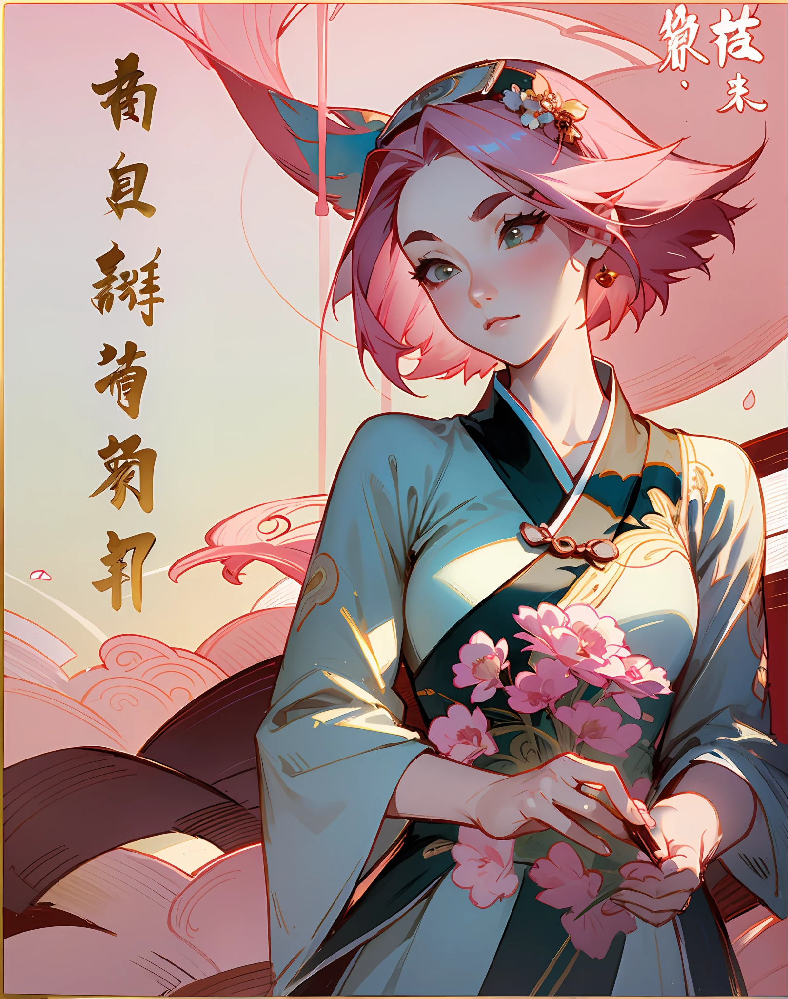 A beautiful Chinese girl, bust, wearing peony hair accessories, wearing antique Chinese clothes, beautiful female body, lancet eyebrows, meticulous eyes, pink hair, flowing skirt, floating clouds, watercolor, ink painting, harmonious and unified tone, beautiful details, rich light, Xin qi rendering, perfect art, fresh color background, Qiu Ying style of ancient Chinese artists, soft shadows,  Clear Sharp Focus, Cinematography, Central Composition, Poster Design, Cinematography, Panorama, 32K, -- v 6