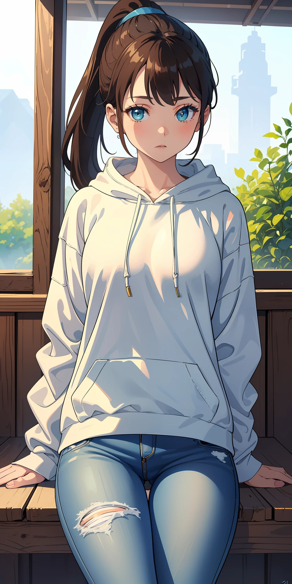 (masterpiece:1.2, best quality), (finely detailed beautiful eyes: 1.2), a girl with a brown ponytail, green eyes, in white hoddie, blue jeans, only 1 girl, age 20