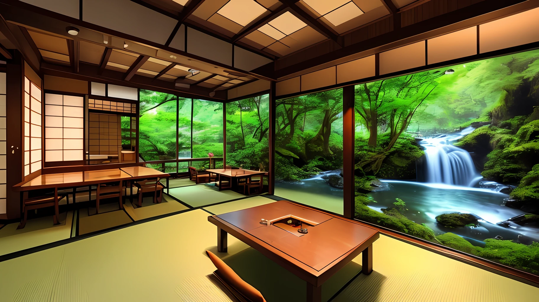 Japanese-themed café decoration, video game corner, and waterfalls and nature outside, RAW, 16K, highly detailed