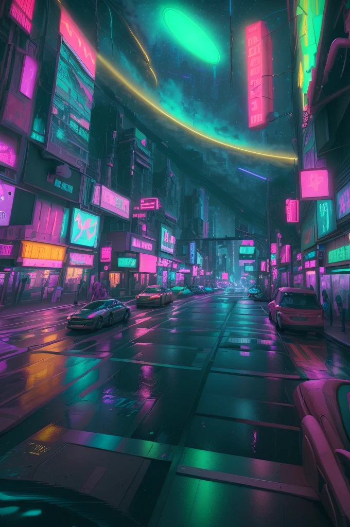 a view of a city street with neon lights and neon signs, cinematic neon matte painting, dreamy colorful cyberpunk colors, futuristic street, neon city in the background, art deco outrun anime aesthestic, neon glow concept art, sci-fi cyberpunk city street, cyberpunk city street, detailed neon cyberpunk city, futuristic city street, cyberpunk street, cyberpunk streets at night