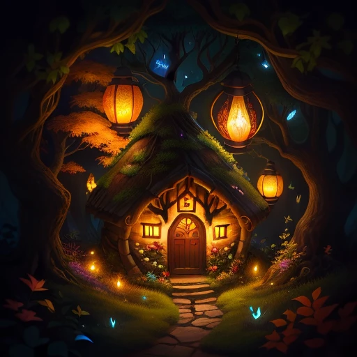 An elven Anthill like hobbit house, in an autumnal undergrowth setting, lanterns hanging from tree branches, glittering butterflies and fireflies, 4k, Cartoony, with honey dripping from the sides and a colorful glow