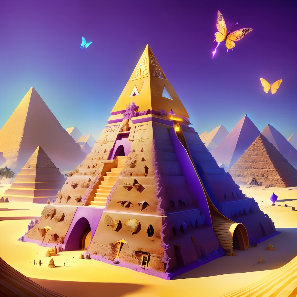 A purple anthill, the anthill has a pyramid shape, it is twisted on a quarter turn and divides on 3 levels, it is set with golden shells. 1 giant turq butterfly is at the top of the pyramid. The anthill is surrounded by palm trees